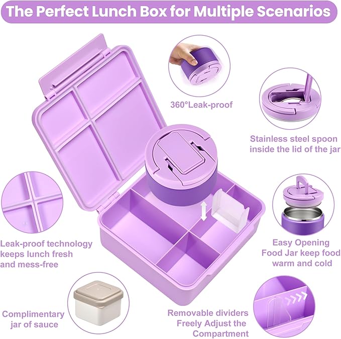 Bento Lunch Box with 8oz Soup Thermo,Kids Leakproof 4 Compartment Lunch Food Containers with Sauce Cup and Ice Pack,Kids Thermo Insulated Hot Food Jar and Lunch Bag for School,Trvael-Purple