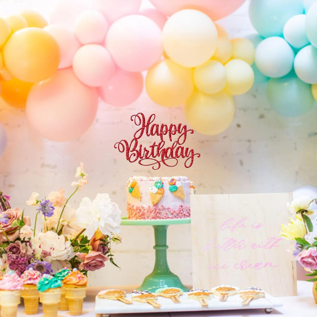 1 PCS Happy Birthday Cake Topper Glitter Happy Birthday Cake Pick Bunting Decor for Anniversary Celebrating Happy Birthday Party Cake Decorations Supplies Red