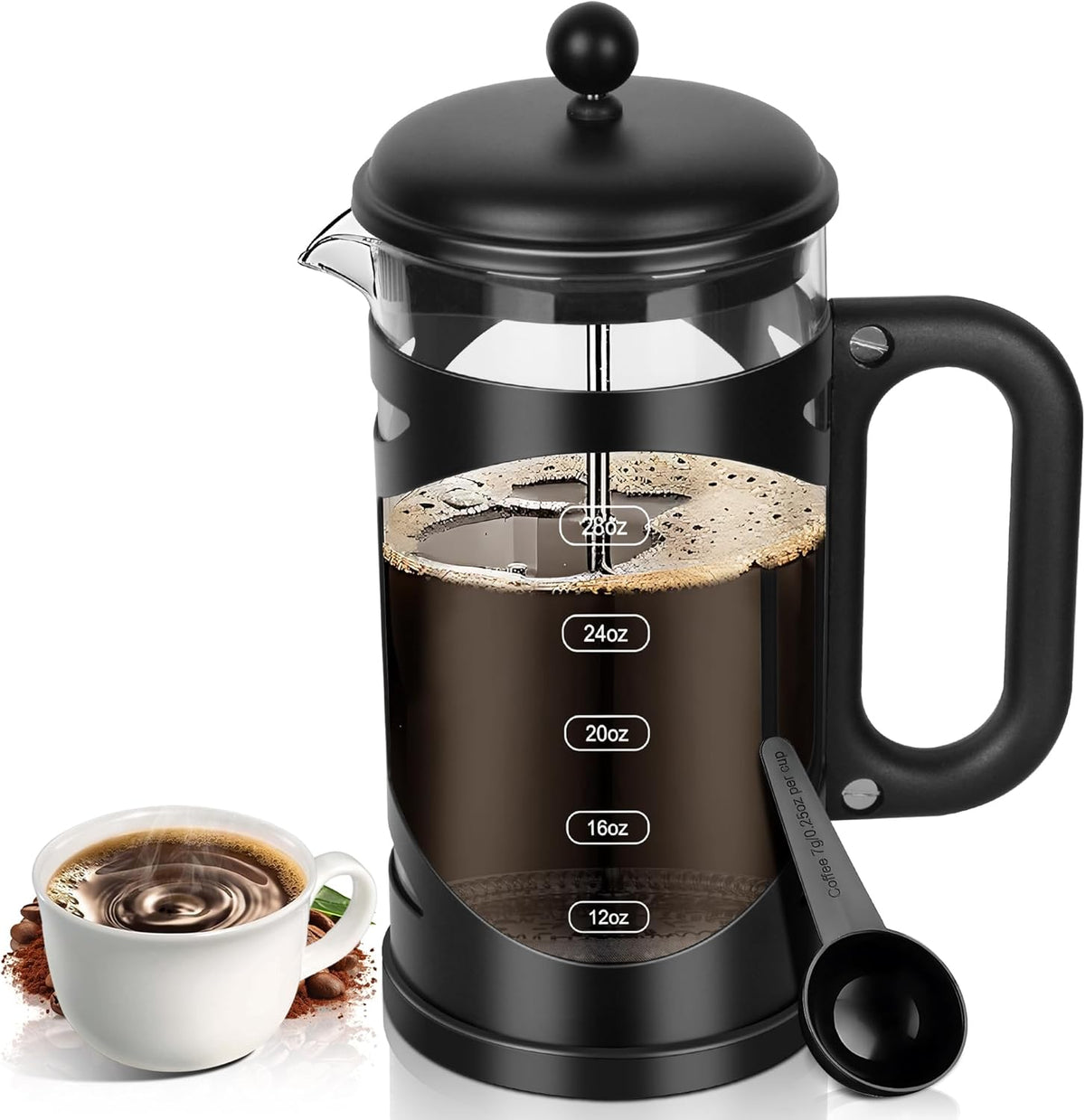 34 Ounce French Press Coffee Maker Black Stainless Steel Coffee Press, with 4-Level Filter System, Heat Resistant Thickness Borosilicate Glass, BPA-Free Brewed Coffee Pot for Camping Gifts
