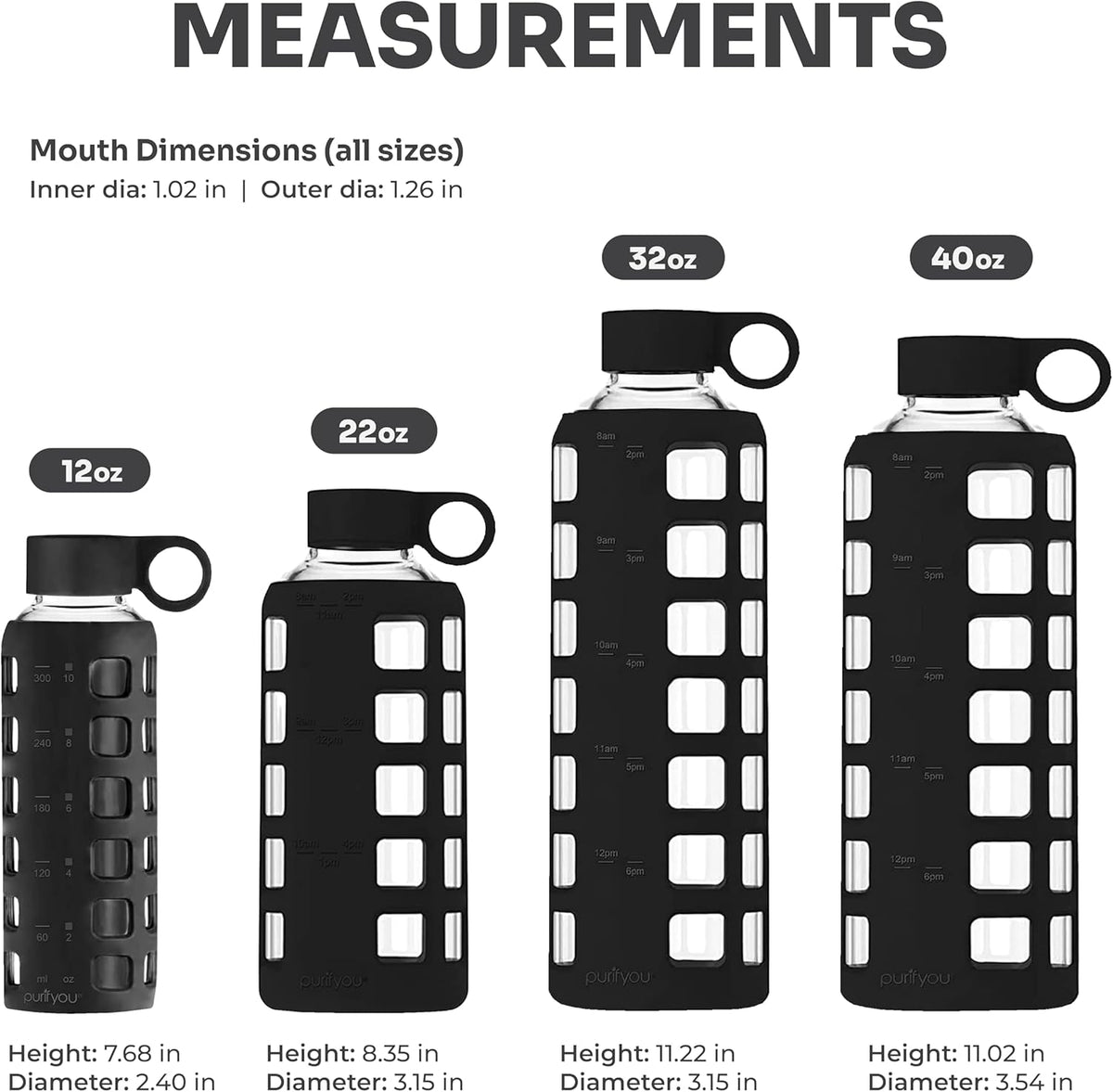 purifyou 40oz / 32oz / 22oz / 12oz Borosilicate Glass Water Bottle with Time & Volume Markers, Silicone Sleeve, Stainless Steel Lid – Reusable Glass Bottle for Water & Juice (40oz Jet Black)
