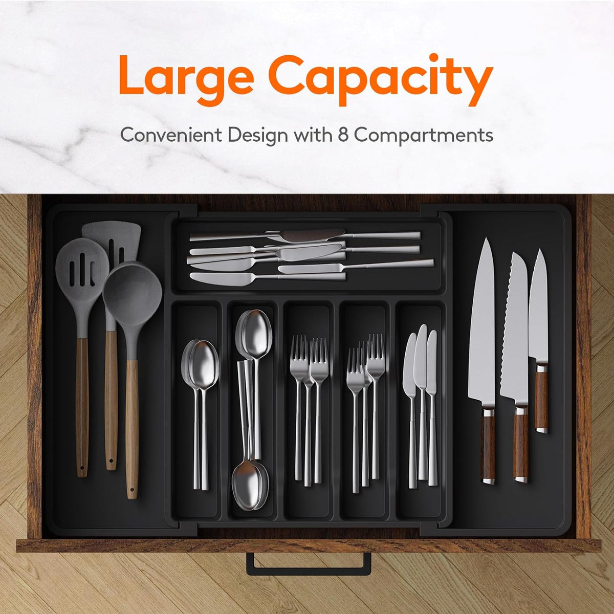 Lifewit Large Silverware Drawer Organizer, Expandable Utensil Tray for Kitchen, BPA Free Flatware and Cutlery Holder, Adjustable Plastic Storage for Spoons Forks Knives, Large, Black