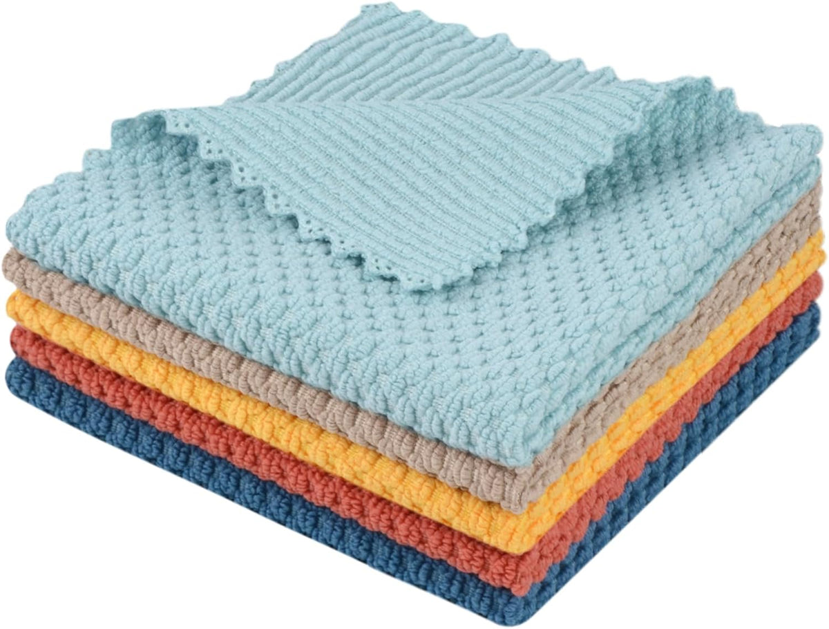 SINLAND Microfiber Dish Cloth for Washing Dishes Rags Best Kitchen Washcloth Cleaning Cloths with Poly Scour Side Popcorn Texture 5 Color Assorted 12Inchx12Inch 5 Pack