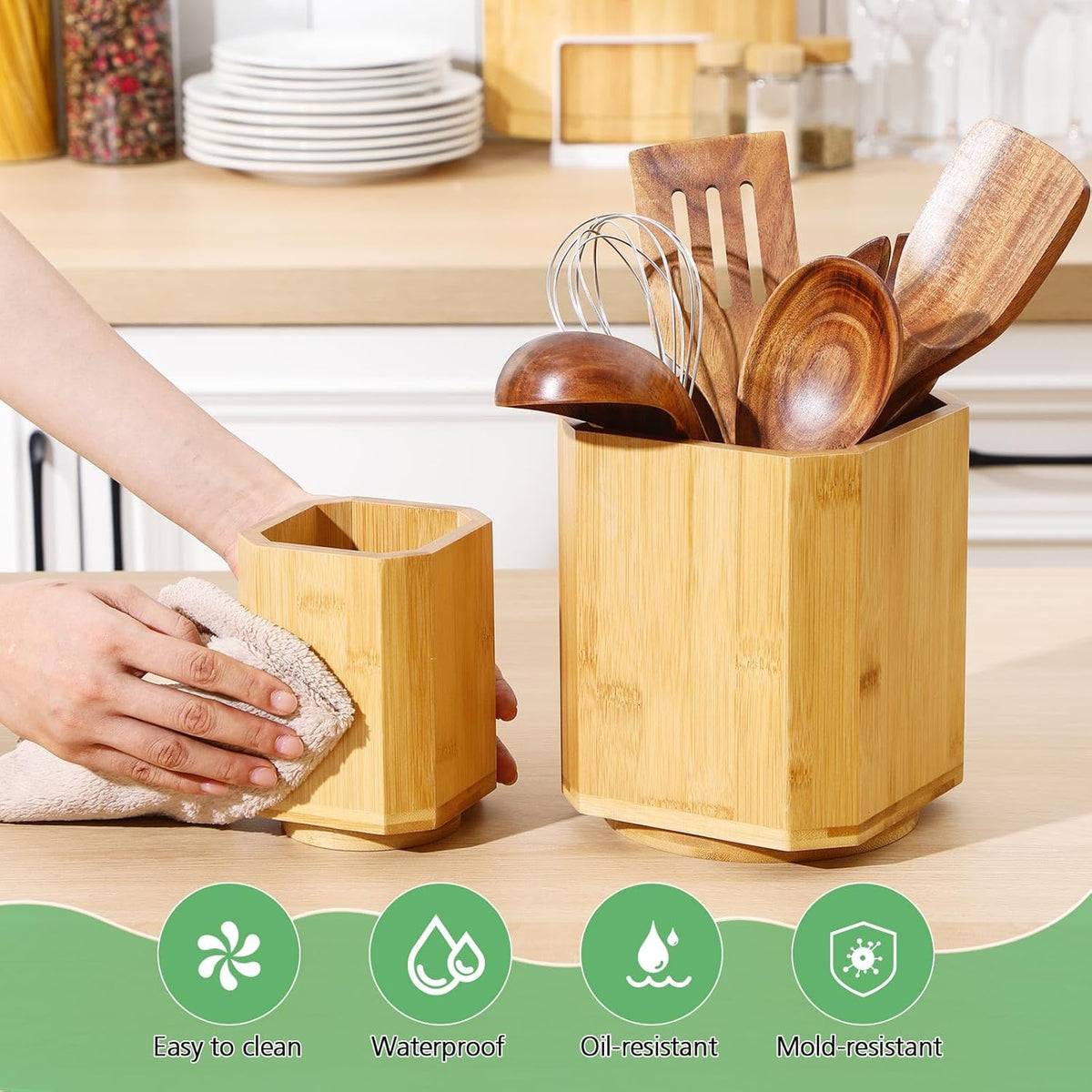 2 Pack Wooden Utensil Holder, 360°Rotating Kitchen Cooking Utensil Crock, Spoon Spatula Holder for Kitchen Counter, Farmhouse Countertop Organizer ()