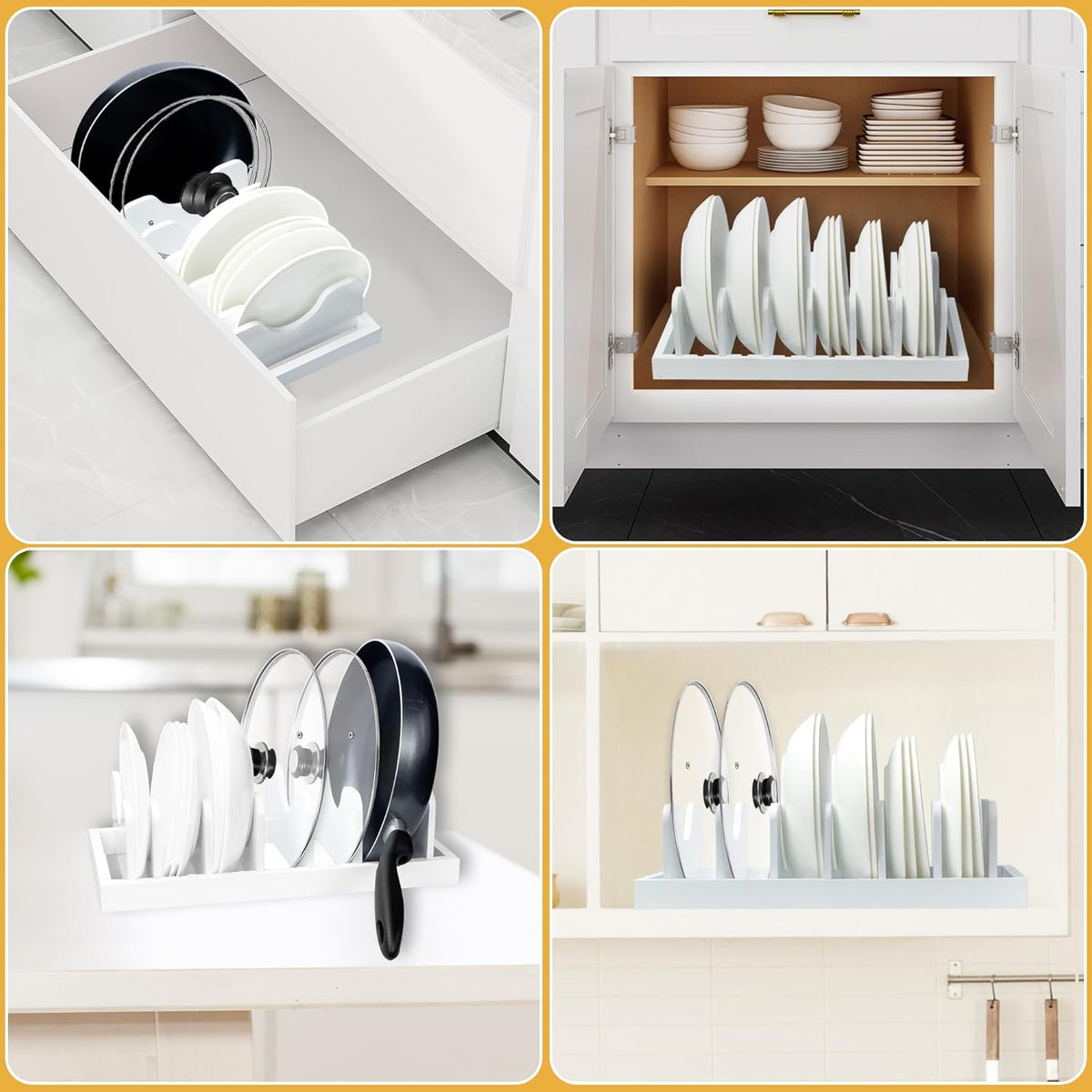 MinBoo Bamboo Pot Lid Organizer Pot Lid Holder, Pot and Pan Organizer Drawer Organizer for Pot Lids, Pans, Cutting Boards & Baking Sheets, Dinner Plates, Reusable Containers in Cabinet Storage,White
