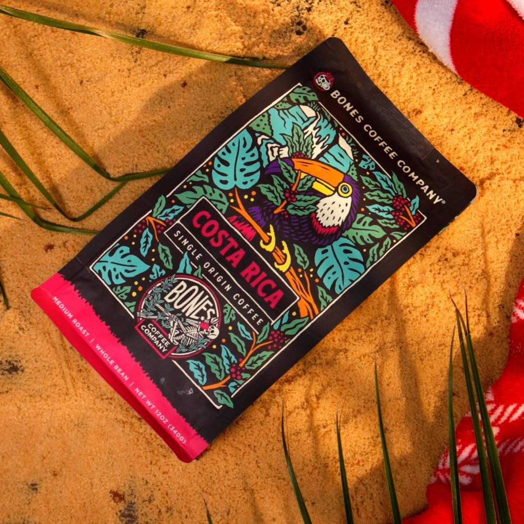Bones Coffee Company Costa Rica Single-Origin, Cocoa, Nutty and Milk Chocolate Notes, Ground Coffee Beans, Low Acid Medium Roast Arabica Beans Flavored Coffee for Auto drip Coffee Maker, 12 oz Ground