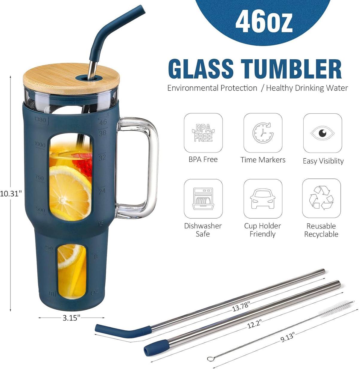 Glass Tumbler with Lid and Straw, 46 oz Iced Coffee Cup with Handle, Large Water Bottles with Silicone Sleeve, Glass Cup with Straws - Pearl Straw & Drinking Straw BPA Free-Blue