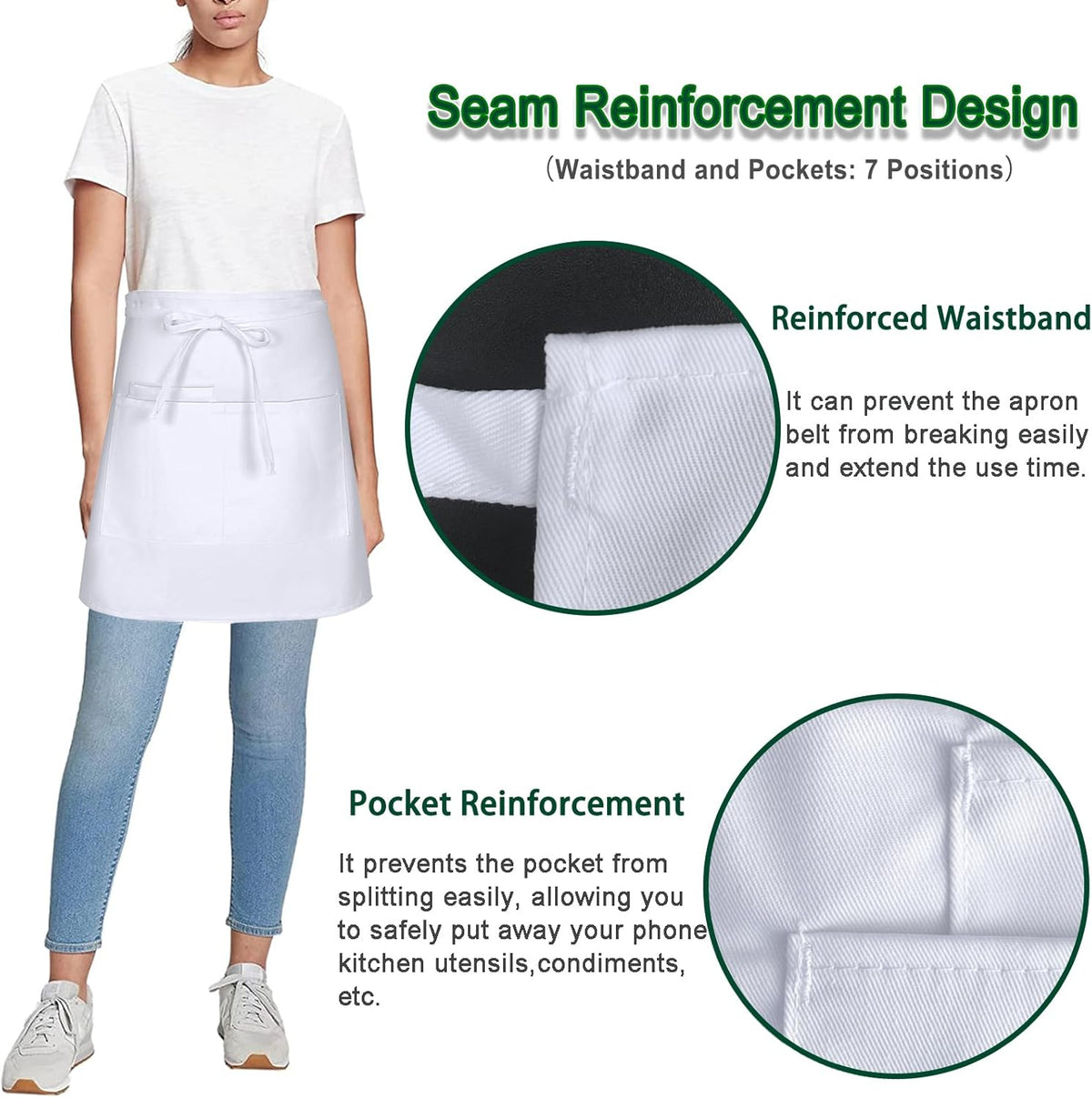 4 Pack Short Server Waitress Chef Apron, White Waist Aprons with 3 Pockets for Women Men, Half Apron for Waiter Cooking Dishwashing Cleaning Painting Gardening Barbecue (Polycotton - White)