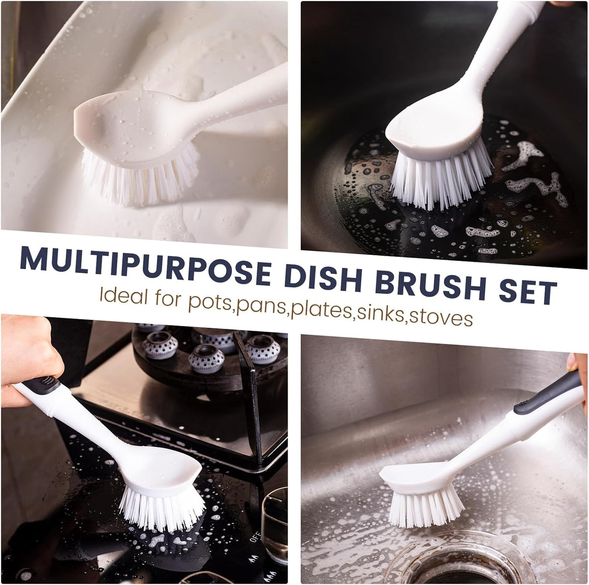 Dish Brush with Handle, Dish Scrub Brush with Built-in Scraper, Nylon Dish Scrubber, Kitchen Brushes for Dishes,Pots, Pans and Sinks 2 Pack