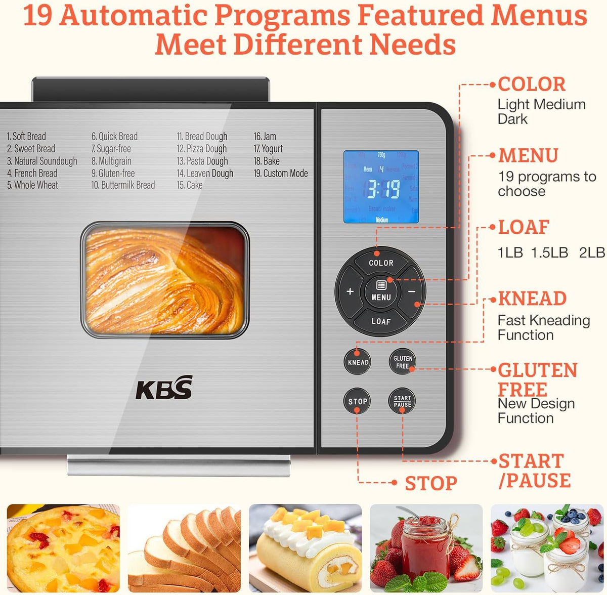 KBS 2LB Bread Maker, 19-in-1 Automatic Bread Machine Stainless Steel with Ceramic Pan,15H Timer&1H Keep Warm, Sourdough, Gluten-Free, 650W Bread Maker Machine with 3 Loaf Sizes 3 Crust Colors, Recipes