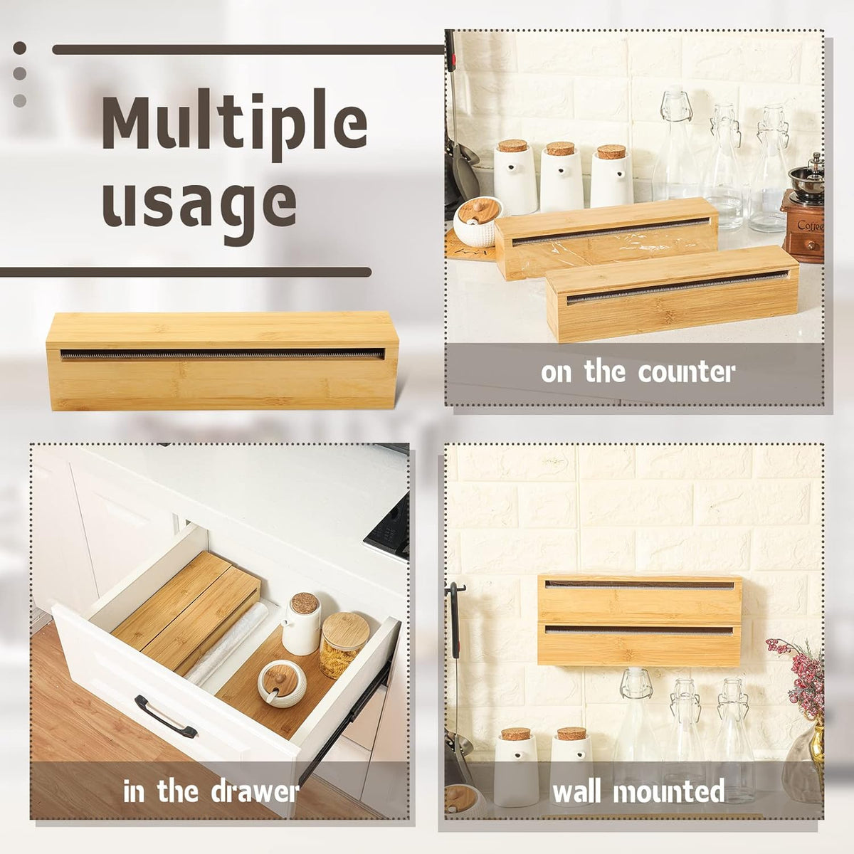 2 Pcs Foil and Plastic Wrap Organizer Plastic Wrap Dispenser Bamboo Wood Foil Dispenser with Cutter Aluminum Wax Paper Roll Organizer Holder for Kitchen