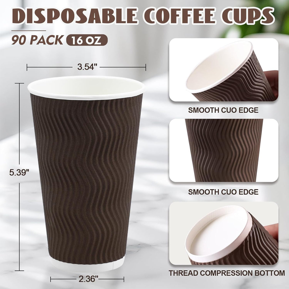 16 oz Coffee Cups Disposable, 90 Count Insulated Paper Coffee Cups, Corrugated Ripple Wall Design Paper Cup, Hot Cold Drinking Cup for Party, Picnic, Travel, Business, Home