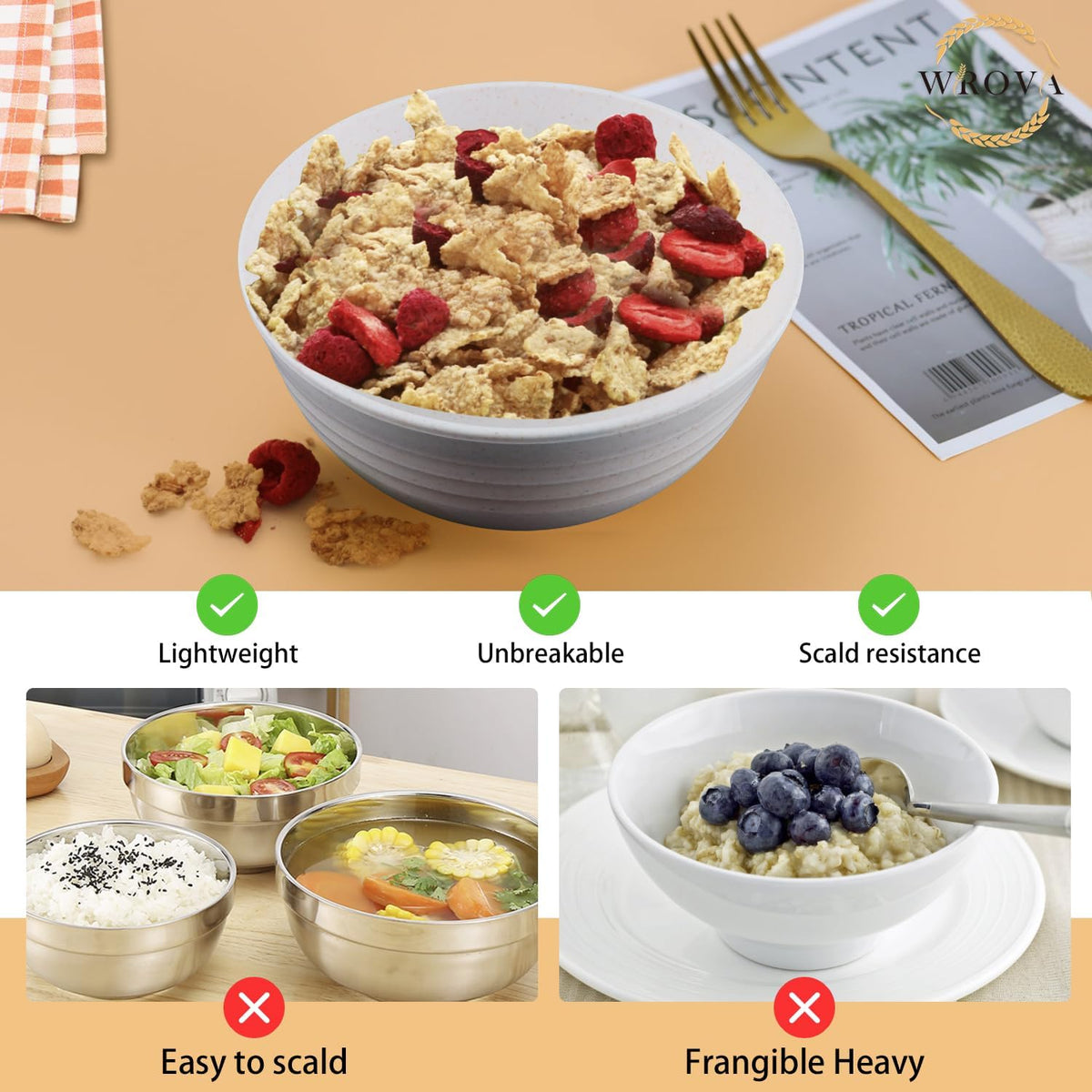 Wheat Straw Bowls Set of 8, Unbreakable White Cereal Bowl 26OZ, Microwave and Dishwasher Safe Oatmeal Bowls, Kitchen Bowl Suitable for Cereal,Salad,Snack (White)