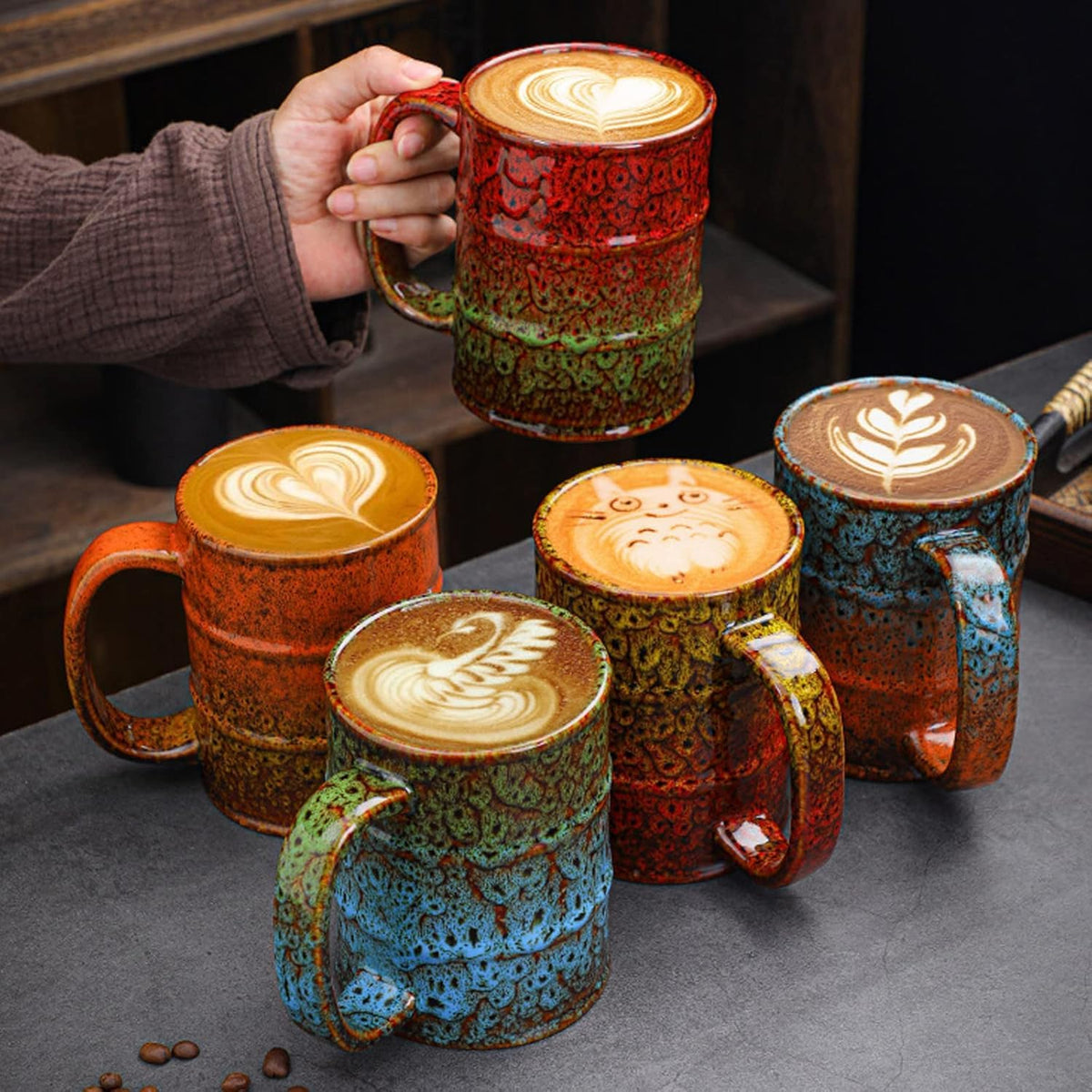 Ceramic 20 oz Tea Cup - Large Coffee Mug for Office and Home - Dishwasher and Microwave Safe (4, Green and Blue)