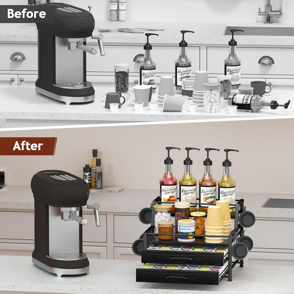 Coffee Syrup Rack Organizer - 4-Tier 8 Syrup Wine Bottles Stand with 82 Storage Drawer for K Cups, Coffee Pod Holder for Countertop, Bar Station, Kitchen, Black