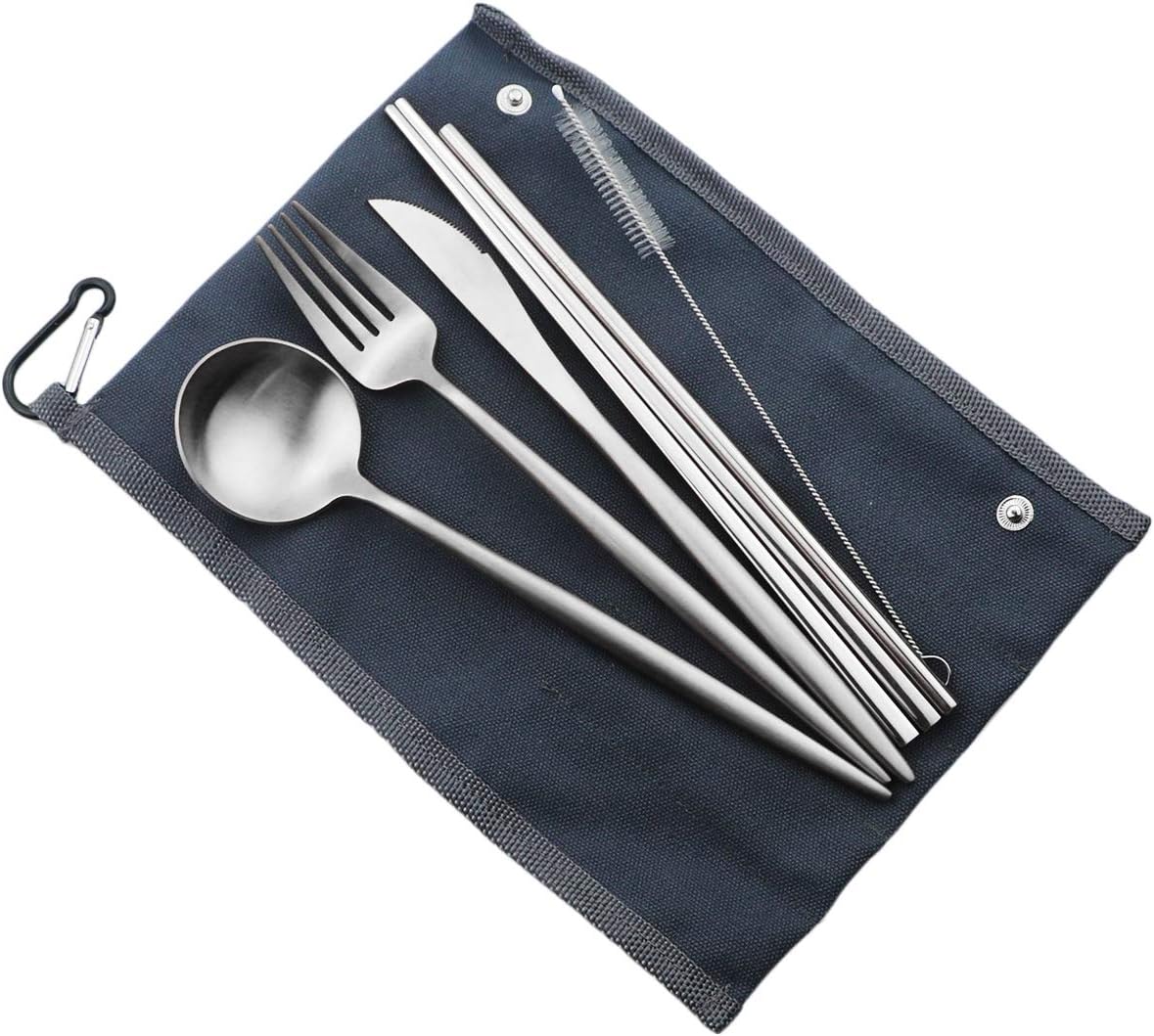 Gugrida Reusable Travel Utensils, 7 Pieces Portable 18/10 Stainless Steel include Knife Fork Spoon Chopsticks Cleaning Brush Straws Portable Pouch, Eco-friendly Camping Silverware Set, Dishwasher Safe