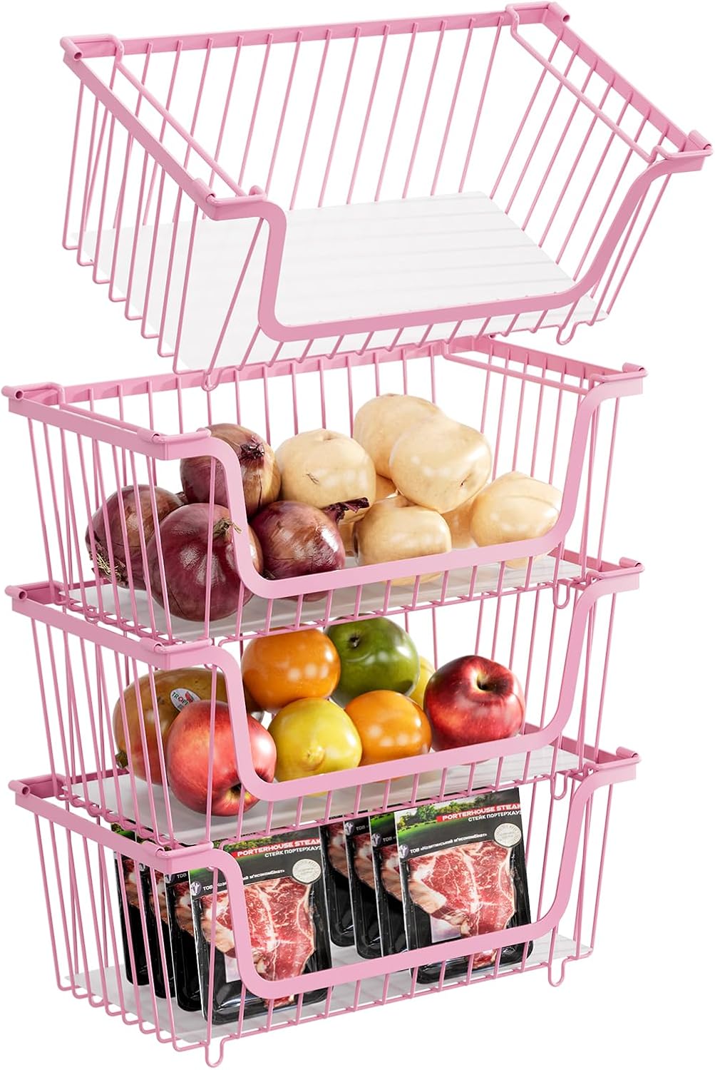 4 Pcs Stackable Wire Baskets for Pantry Organizers and Storage,Vegetable Fruit Basket for Countertop,Kitchen Storage Metal Baskets,Produce Potato Onion Storage Bin,pink