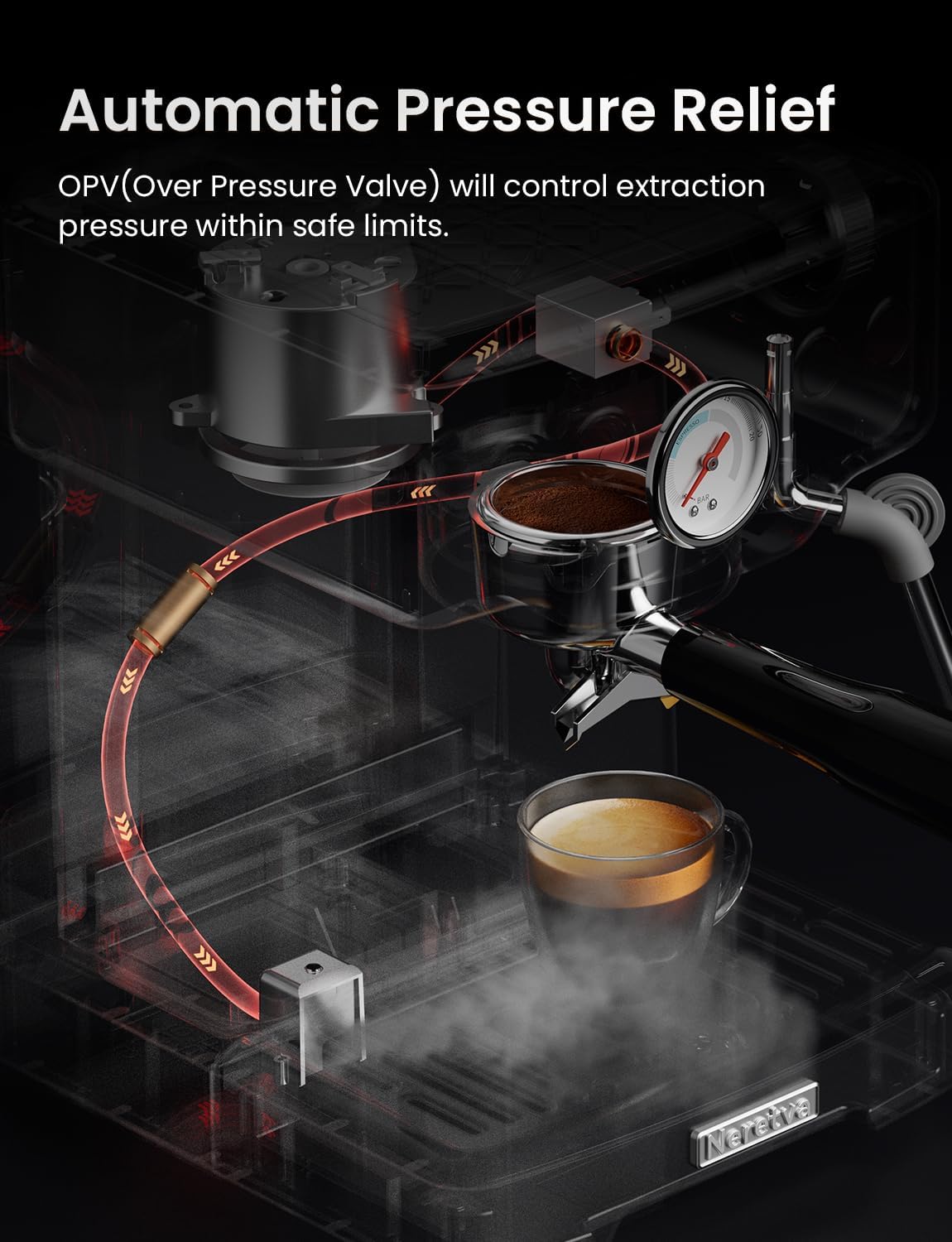 Neretva Espresso Machine, 15 Bar Espresso Coffee Machine with Visible Pressure Guage Professional Espresso Maker with Milk Frother & Stainless Steel for Home Barista Latte and Cappuccino Maker-Silver