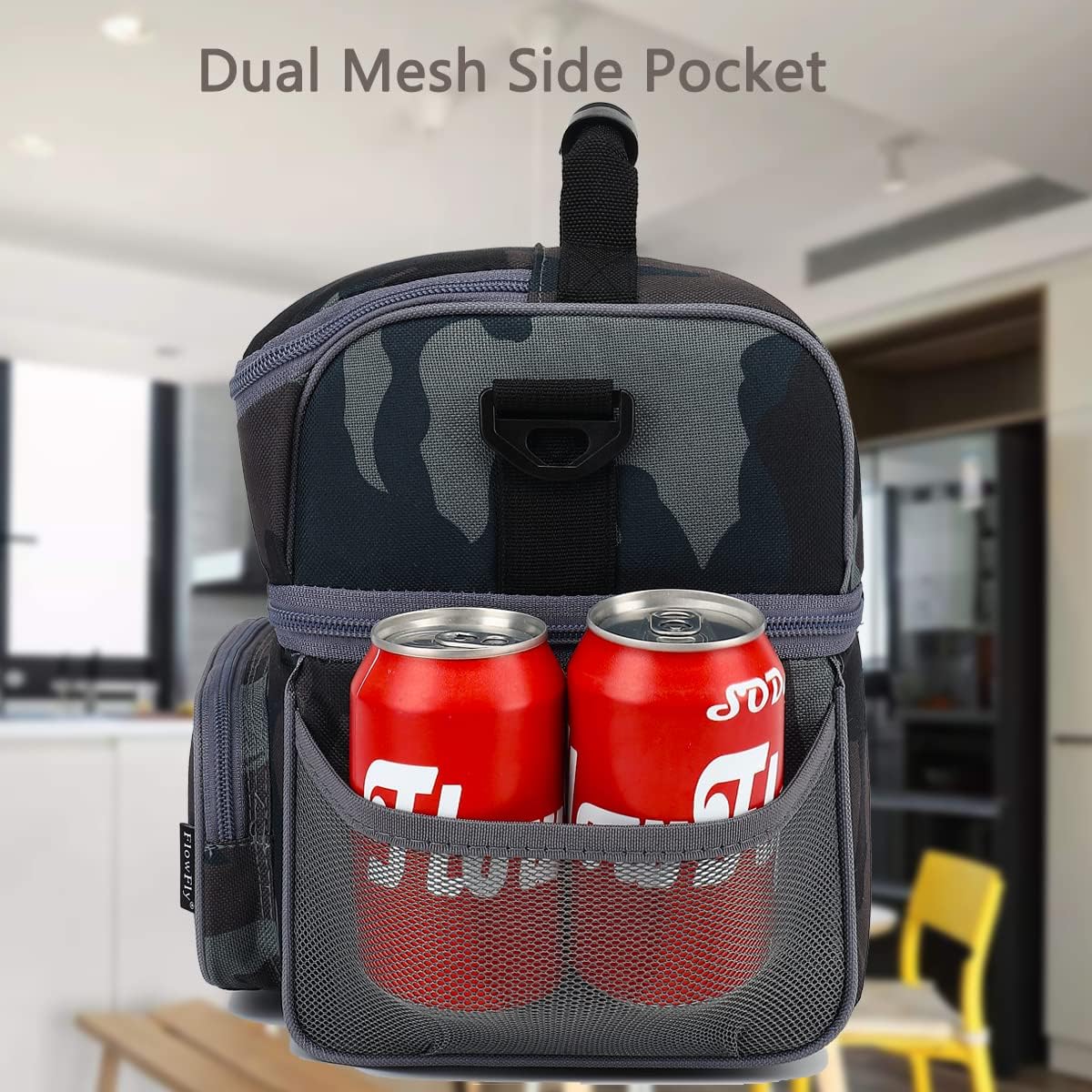 FlowFly Double Layer Cooler Insulated Lunch Bag Adult Lunch Box Large Tote Bag for Men, Women, With Adjustable Strap,Front Pocket and Dual Large Mesh Side Pockets