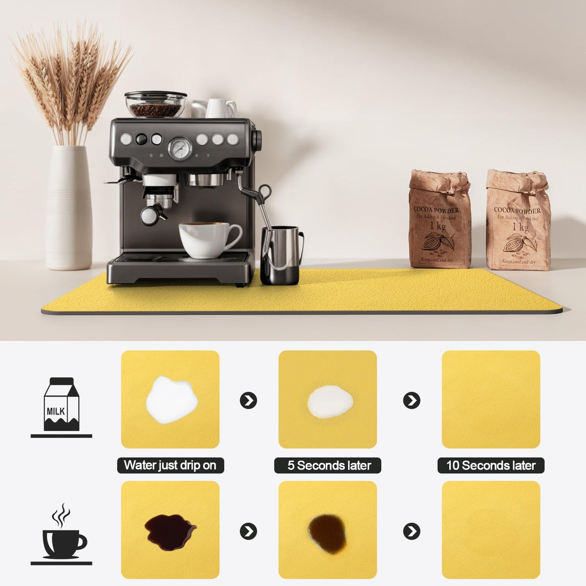 Dish Drying Mat for Kitchen Counter | Coffee Bar Mat for Countertops | Heat Resistant Drainer Mat with Non-slip Rubber Backed | Hide Stain Kitchen Absorbent Draining Mat | Yellow 18"x28"