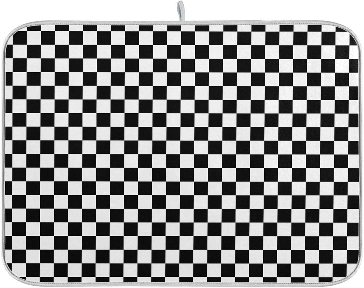 Black White Checkered Pattern Dish Drying Mat for Kitchen Counter Absorbent Microfiber Drying Pad, Medium 16x18 in, Reversible Drainer Mats