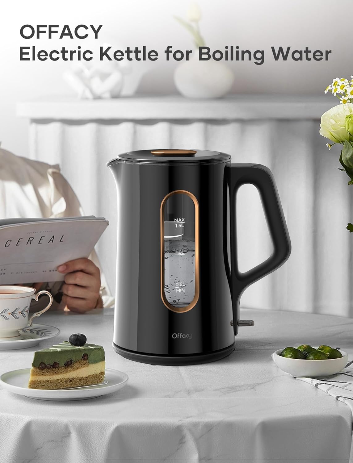 OFFACY Electric Kettle, Double Wall Glass Inner, Hot Water Boiler Heater Pot, 1.5-Liter, 1200 Watts for Fast Boiling, 53oz BPA Free, Glossy Black