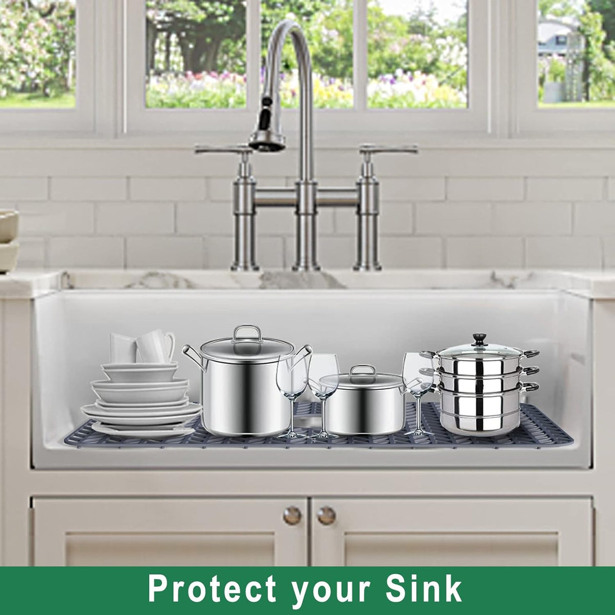 Silicone Protectors for Kitchen Sink, GUUKIN 26''x 14'' Sink Mat Grid for Bottom of Farmhouse Stainless Steel Porcelain with Center Drain (Grey)