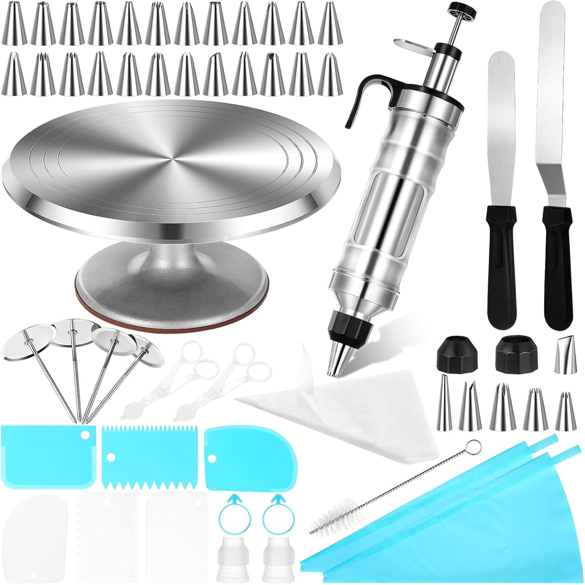 Nuogo 154 Pcs Aluminum Cake Decorating Tools Kit with 12 Inch Aluminum Cake Turntable, Cake Decorating Gun with 6 Heads, 34 Pcs Cake Decorating Set, 11 Cream Spatula Set, 100 Cream Piping Bag