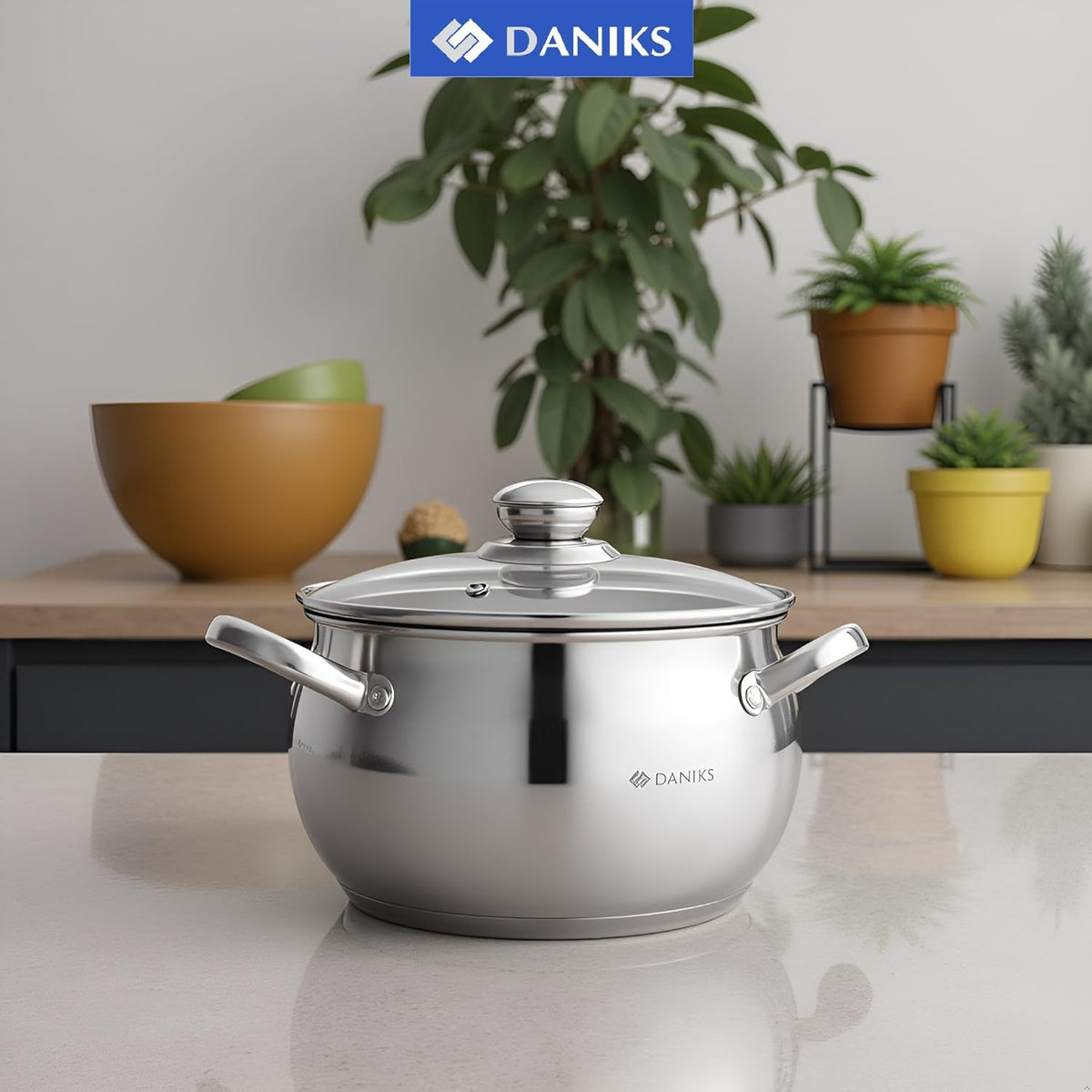 Daniks Classic Stainless Steel Stock Pot with Glass Lid – Induction 4 Quart, Dishwasher Safe, Measuring Scale, For Soup, Pasta, Stew, Silver