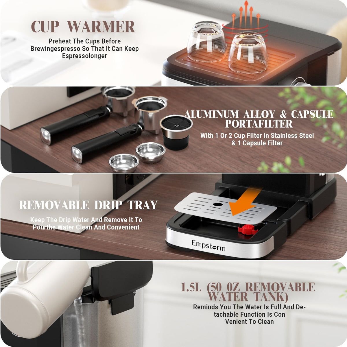 Espresso Machine 20 Bar, 2 in 1 Espresso Maker with Milk Frother Steam Wand for Latte and Cappuccino, Powder and Capsule Portafilter, 50oz Removable Water Tank Coffee Machine for Home-Silver