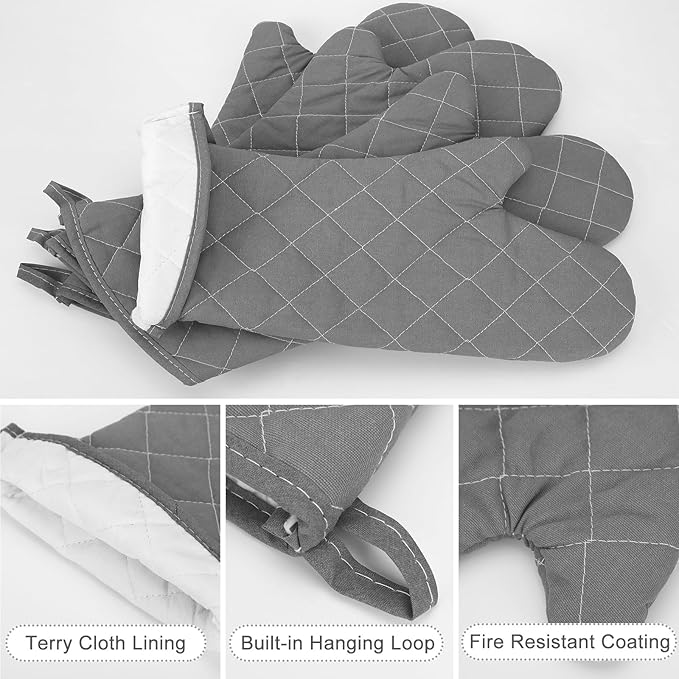 2 Pairs 17 Inch Extra Long Oven Mitts Heat Resistant Cotton Lining Oven Thick Gloves Kitchen Food Service Mittens for Pot Holders Cooking Baking BBQ, up to 482f (Grey)
