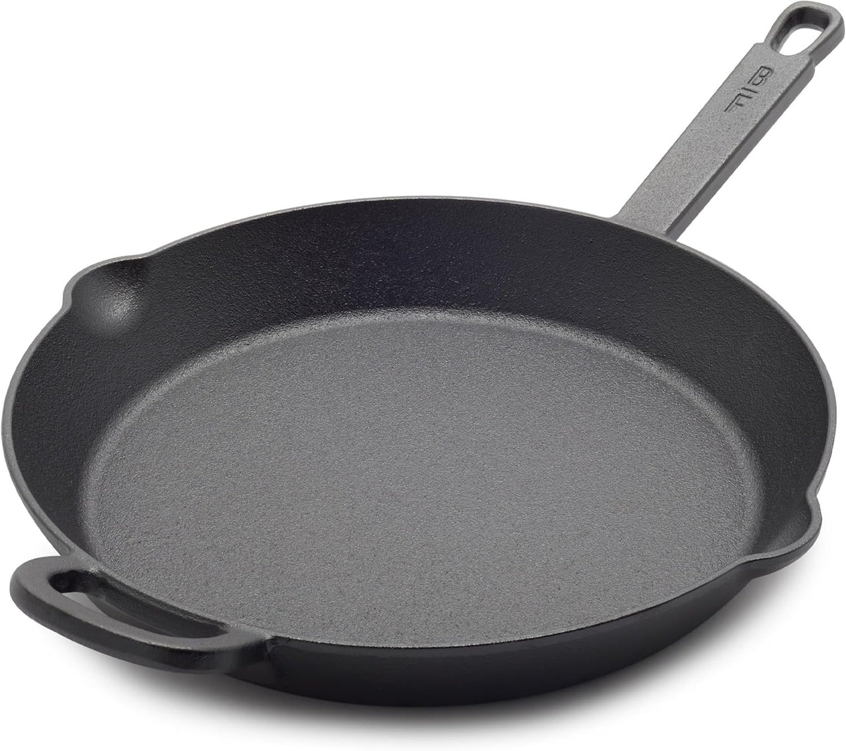 GreenPan x Bobby Flay 12” Cast Iron Pre-Seasoned Skillet with Helper Handle, Professional Grade Heavy Duty, Induction, Pour Spouts, Versatile Stovetop, Oven, BBQ Grill Fire, Indoor/Outdoor Use, Black