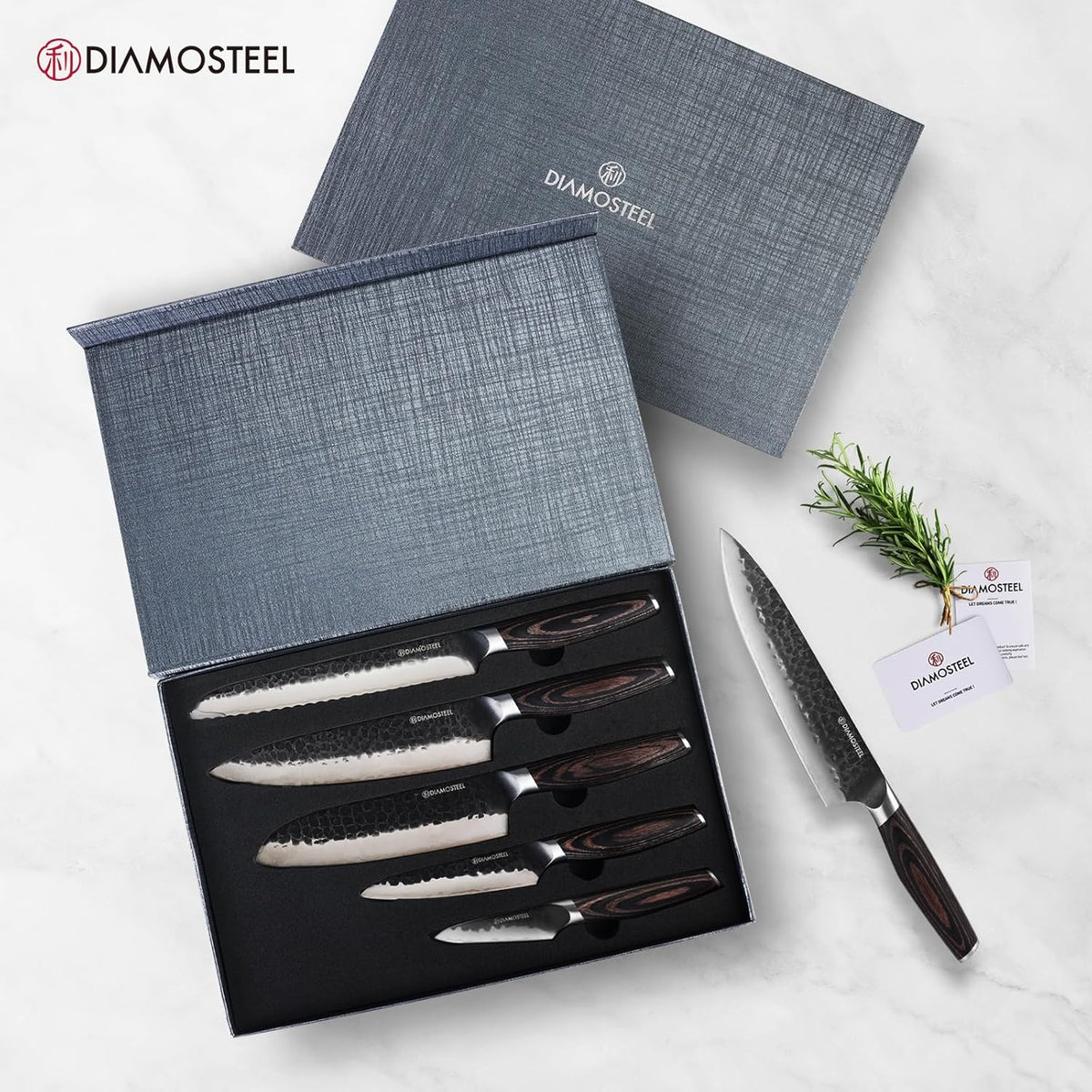 Knife Set - 5 Pieces Knives Set for Kitchen High Carbon 9CR18MOV Steel, Hammered Black Oxide Blade & Pakkawood Handle - Profession Chef Knife Set Elegant Holiday Gift for Chefs