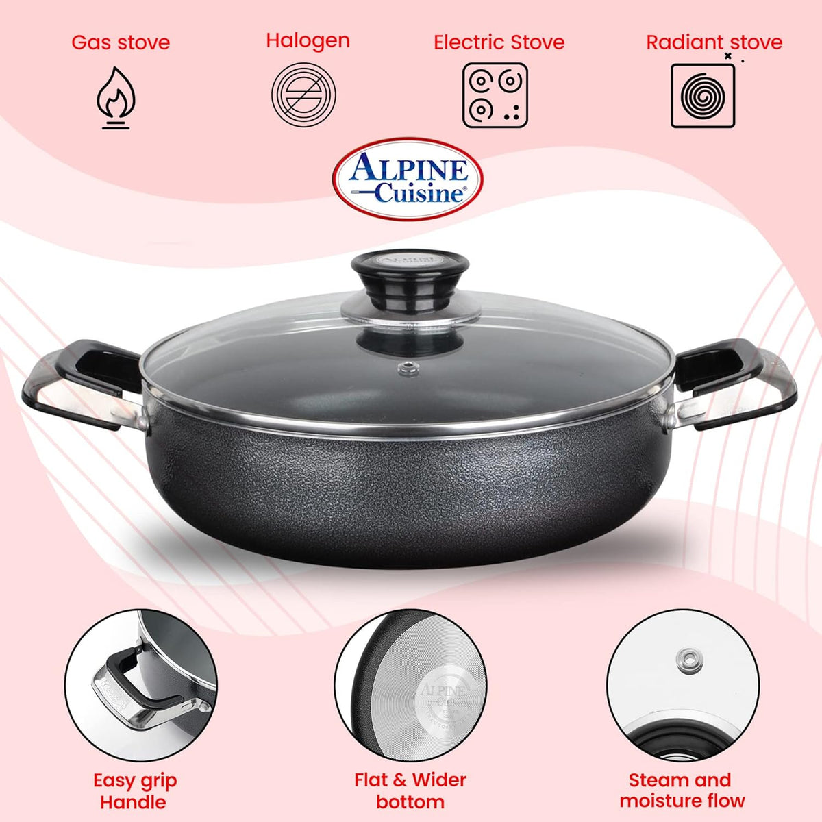 Alpine Cuisine 3.2 Quart Non-stick Caldero Stock Pot with Tempered Glass Lid and Carrying Handles, Multi-Purpose Cookware Aluminum Low Pot Dutch Oven for Braising, Boiling, Stewing