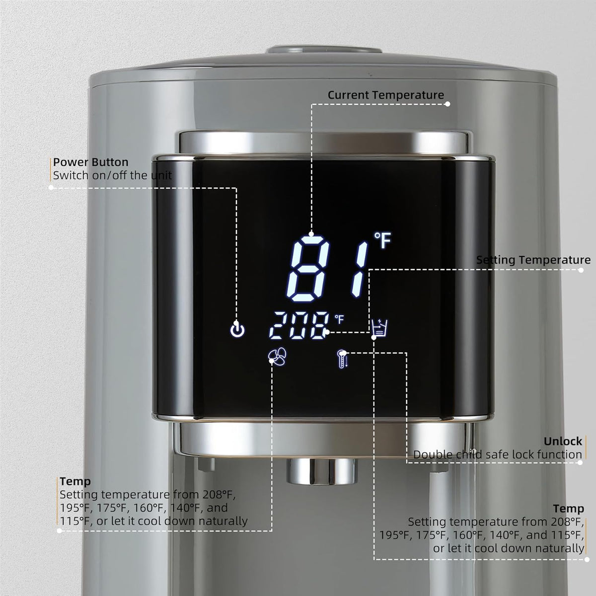 OCTAVO Water Boiler & Warmer 5 Liter, 304 Stainless Steel Water Tank, 700 Watt 6 Adjustable Water Temperature, LCD Touch Control Screen, Child Lock with Water Shortage Indicator