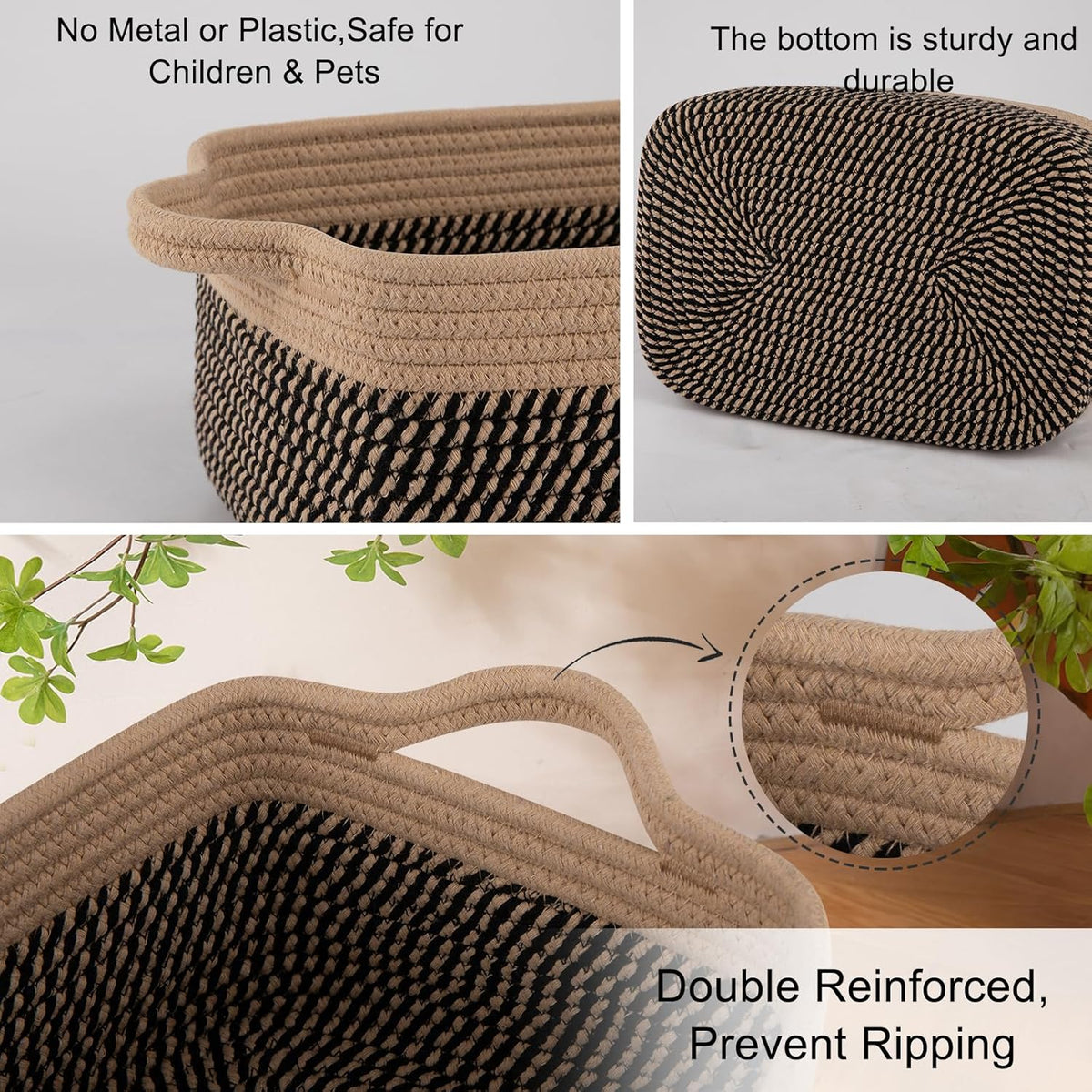 OIAHOMY 3 Pack Storage Baskets for Organizing, Woven Cotton Rope Basket for Shelves, Closet Organizer Bins with Handles, Rectangle Toy Organization, 13.78''×9.84''×5.5'', Brown & Black