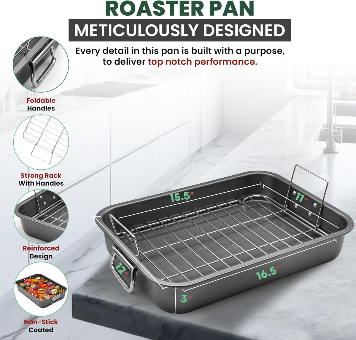 Large Roasting Pan With Rack 12” X 16” - Non Stick Large Roaster Pan and Flat Rack With Foldable Handles - Roasting Pans for Ovens to Elevate Food for Even Heating - Dishwasher Safe Turkey Roast Pot