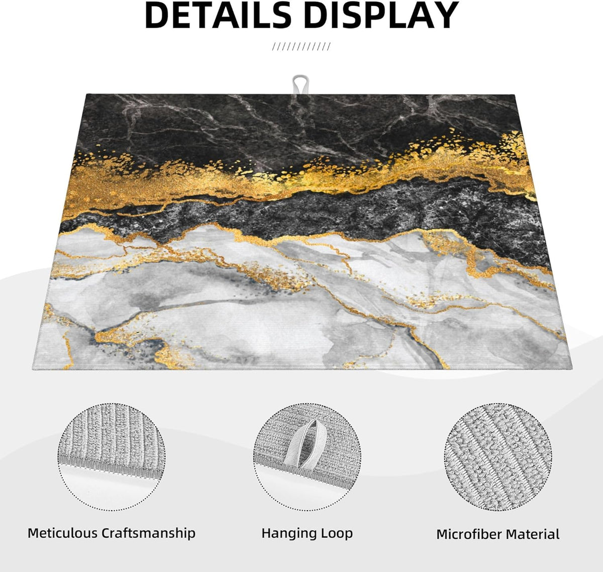 Gold and Black Grey Kitchen Drying Mat Black Gold Marble Decor Microfiber Dish Drainer Mat for Kitchen Counter Absorbent Reusable Washable 18x24 Inch