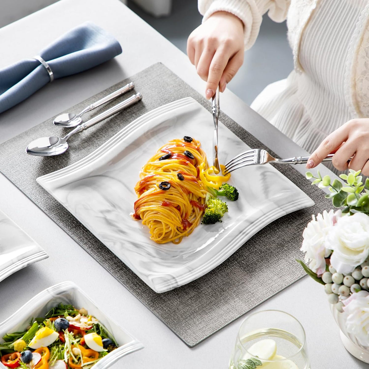 MALACASA Plates and Bowls Sets, 12 Pieces Modern Porcelain Dinnerware Sets for 4, Marble Dishware Set Kitchen Dining Ware Set, Square Ceramic Dish Set, Microwave and Dishwasher Safe, Series Flora
