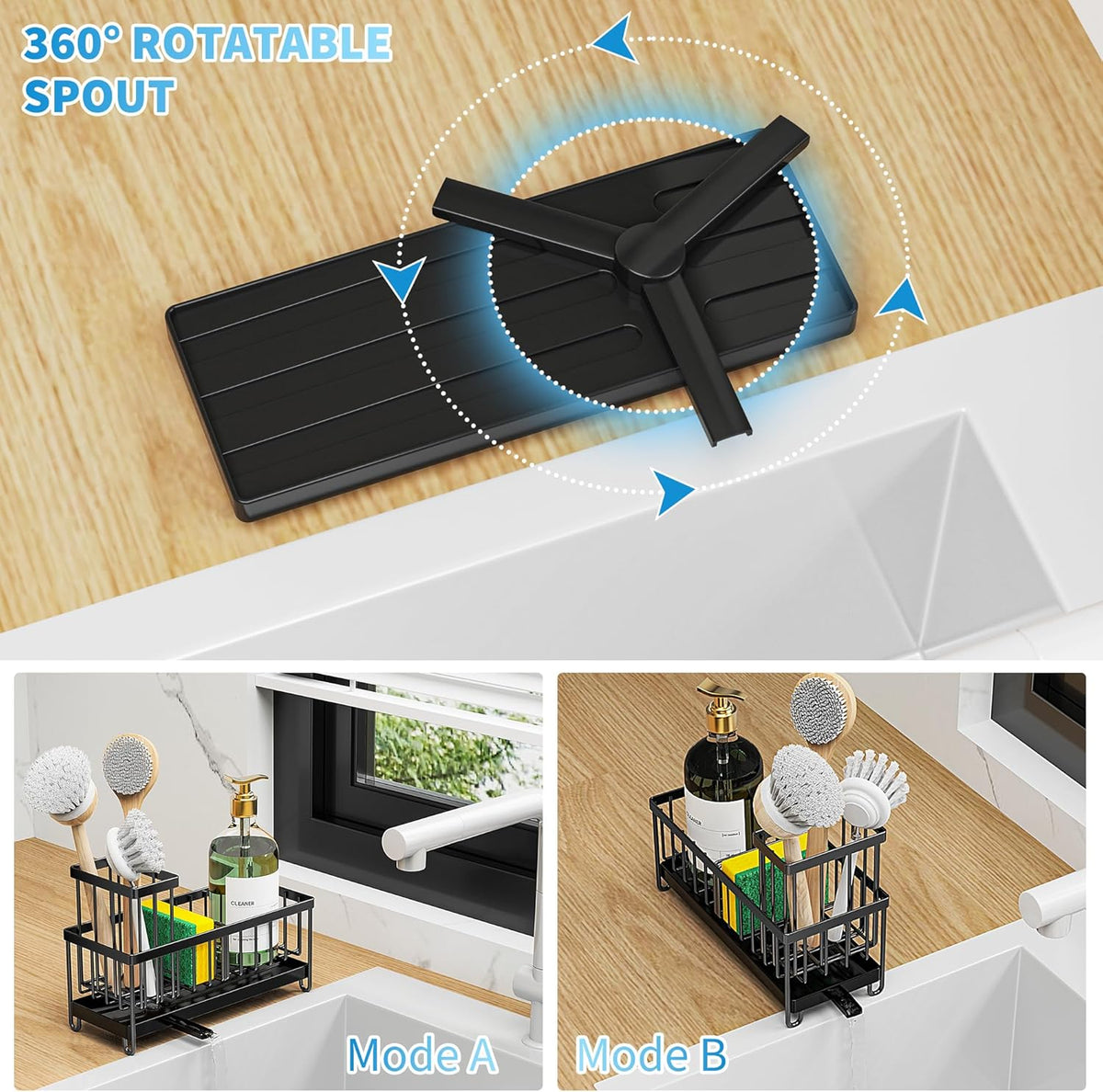 Cisily Black Sponge Holder for Kitchen Sink, Sink Caddy Organizer with High Brush Holder, Kitchen Countertop Organizers and Storage Essentials, Rustproof 304 Stainless Steel, Soap Dispenser Organize