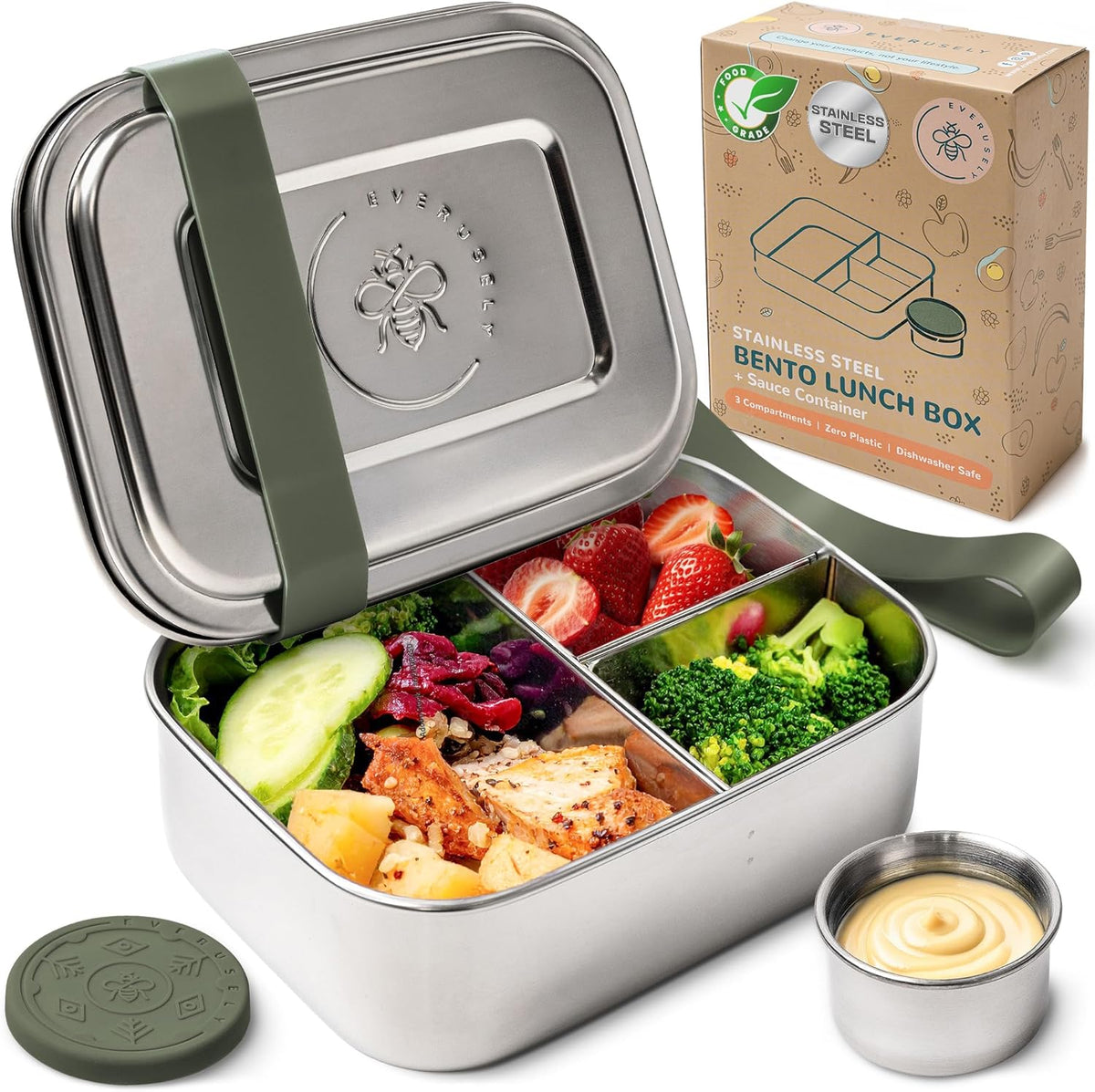 Everusely - Bento Box - Sage, 27oz / 0.8 L - Stainless Steel Lunch Box with Leakproof Condiment Container - 3 Compartment Snack Organizer for On the Go Meals - Freezer & Dishwasher Safe