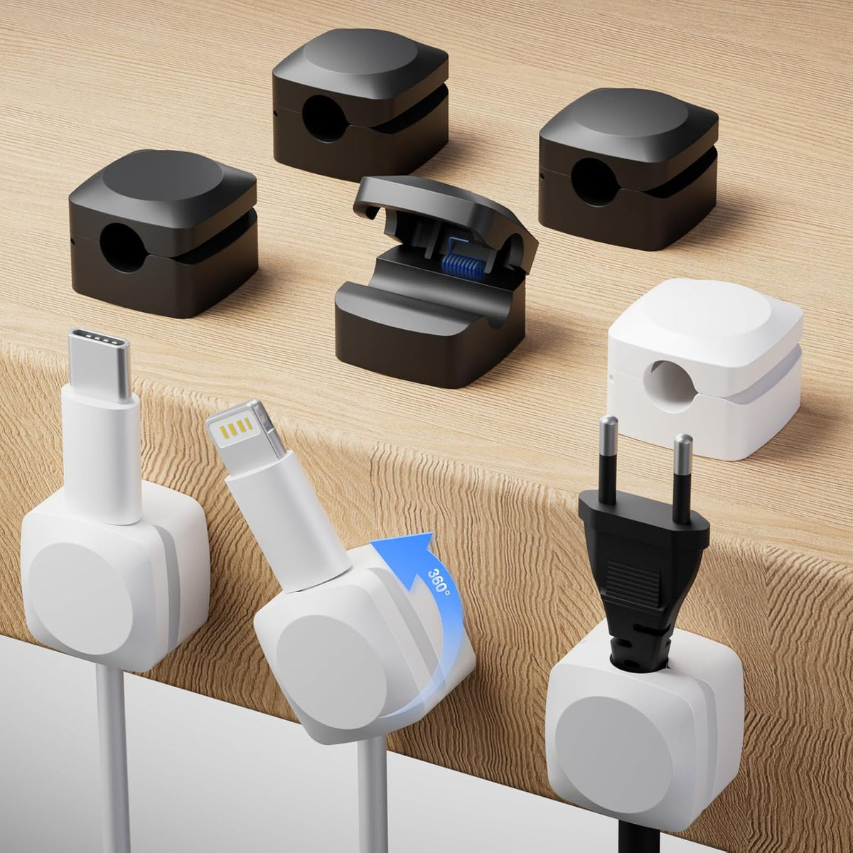 Rotatable Cord Organizer, Enhanced Spring Cable Clips, Strong Adhesive Cable Management, Desk Cord Holder for Nightstand, Office Accessories and Car (4 White + 4 Black)