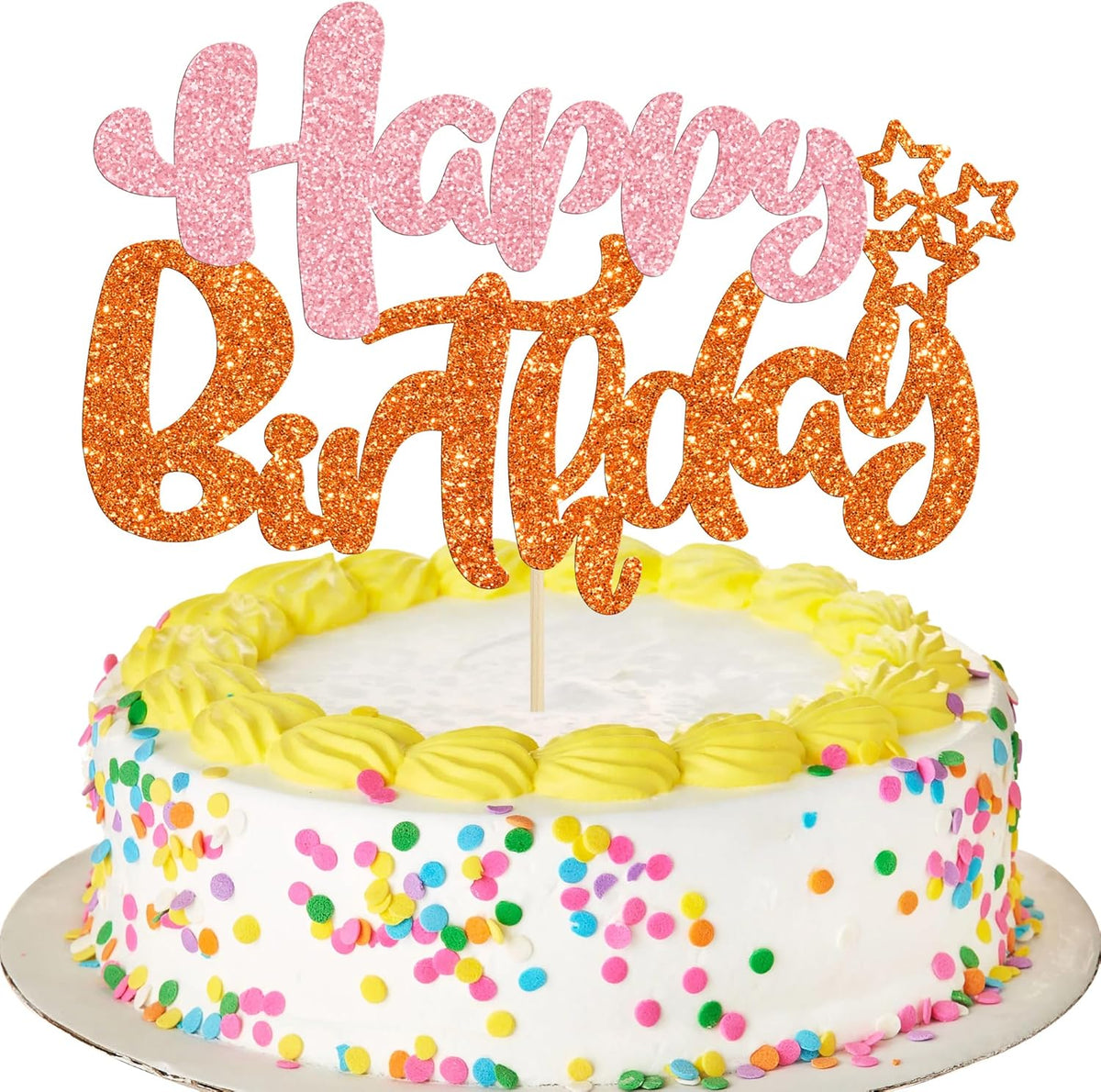 Ephlyn 1Pcs Happy Birthday Cake Topper Glitter Cake Pick for Celebrating Anniversary Party Cake Decorations Supplies Pink Orange