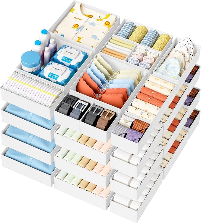 DIMJ Drawer Organizer Clothes 20 Pack - Foldable Baby Organizers and Storage & Dresser Organizer for Bedroom, Closet - Nursery Organization Dresser Dividers for underwear, Sock,Bra, Belt, Tie, White
