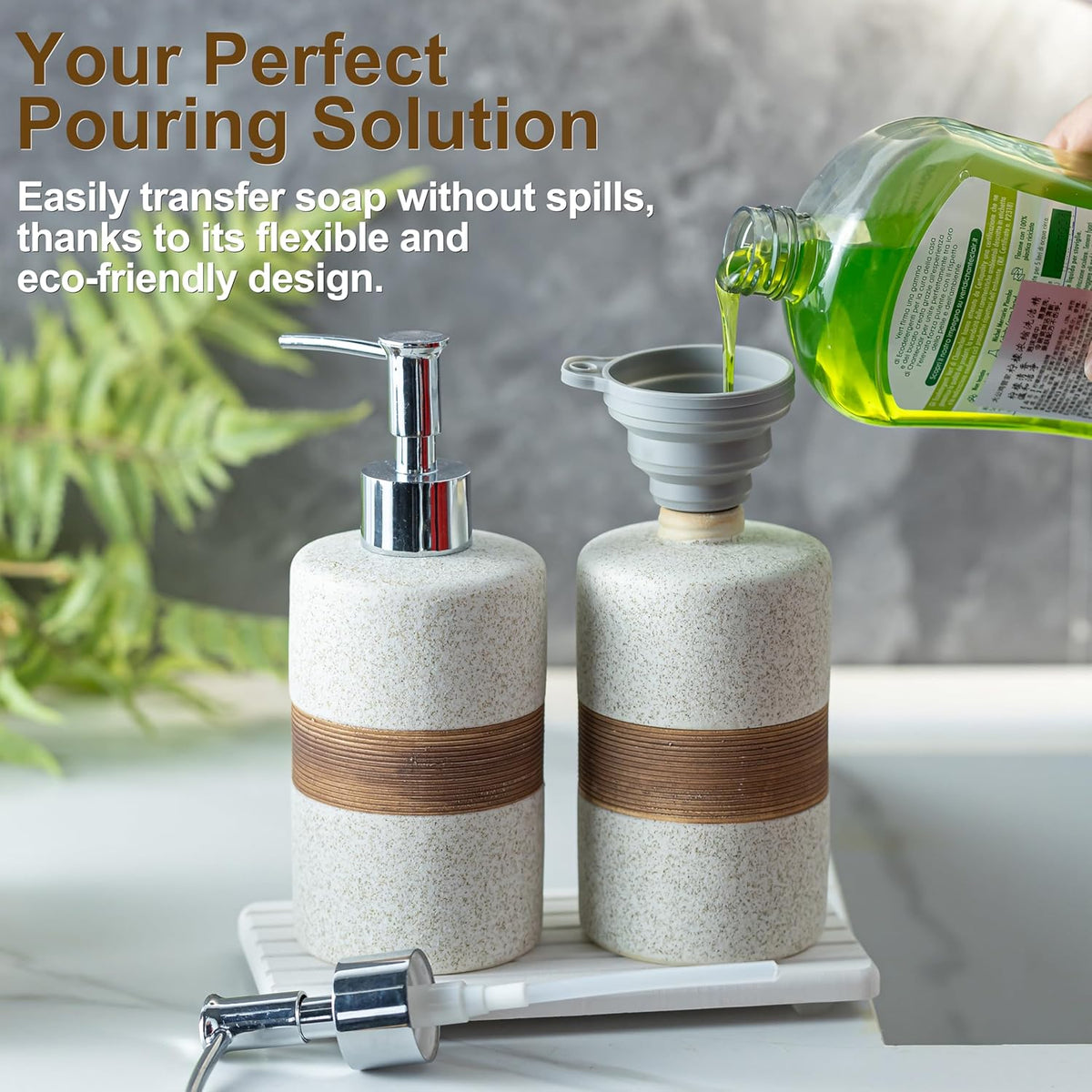 2-Pack Ceramic Soap Dispensers Set, Includes Stainless Steel Pump, Silicone Funnel and Diatomaceous Tray, Hand Soap, Dish Soap, Shampoo and Conditioner Dispenser for Bathroom & Washroom, White