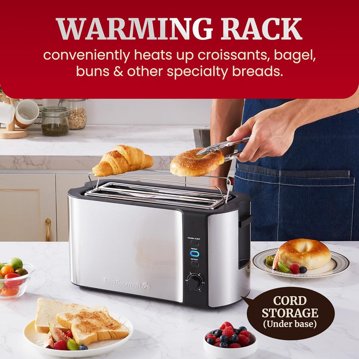 Elite Gourmet ECT-3100 Long Slot 4 Slice Toaster, Reheat, 6 Toast Settings, Defrost, Cancel Functions, Built-in Warming Rack, Extra Wide Slots for Bagels & Waffles, Stainless Steel & Black