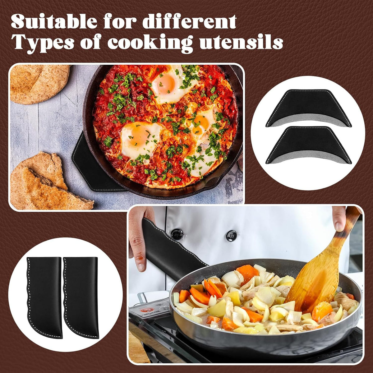 Baderke 4 Pcs Leather Cast Iron Handle Cover Handmade Leather Heat Resistant Skillet Handle Set Pot Holder for Hot Frying Pans, Pots(Black)
