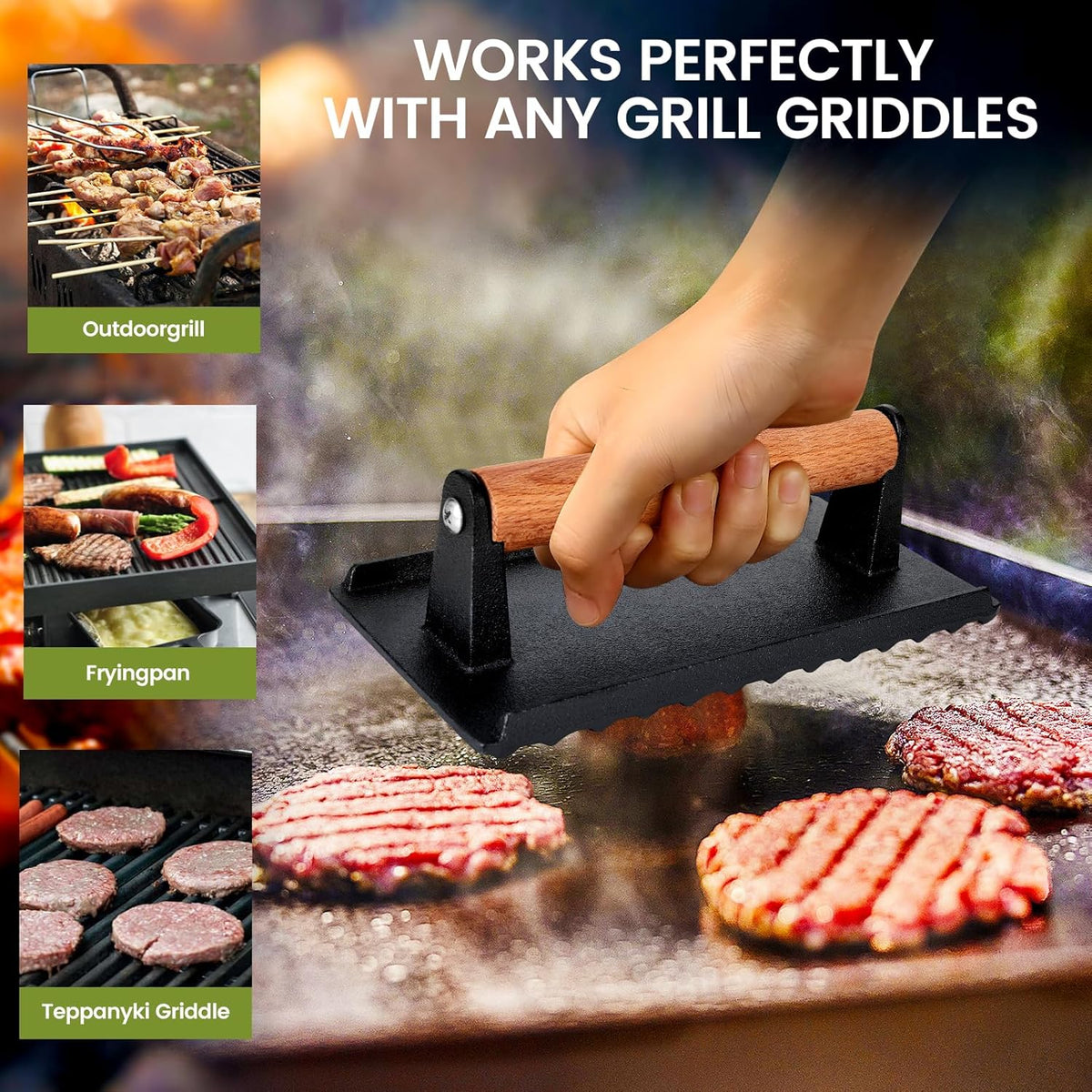 Burger Press, 8.3”X4.3” Rectangle Heavy-Duty Cast Iron Smash Burger Press Griddle Accessories with Heat Resistant Wood Handle for Blackstone Griddle, Ideal for Panini, Steak & Sandwiches