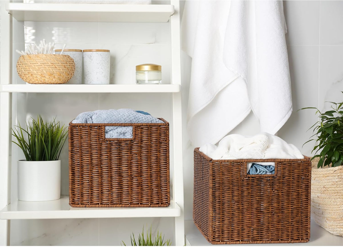 Wicker Storage Basket - Large 12x12x10in Cube, Woven Wicker for Shelves, Pantry, Kitchen & Bathroom Organization (Brown)