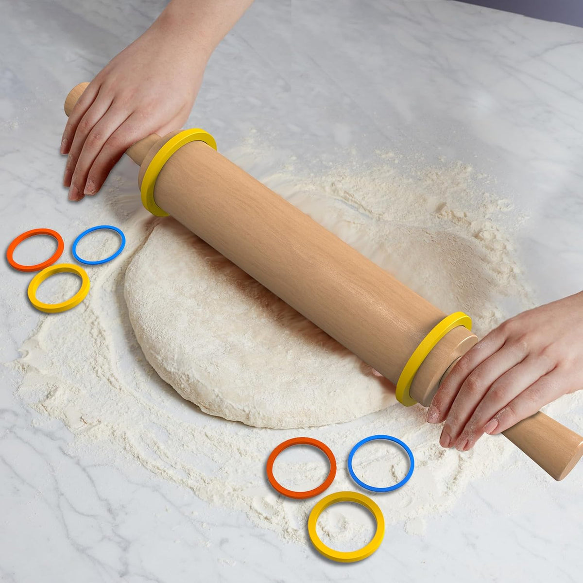Classic Wooden Rolling Pin with Handle for Fondant, Pizza, Pies, Cookies, Pastries, Rolling Pin for Baking with 3 Multi-Color Thickness Rings, 17"x2.5" (Include handle) Beechwood Rolling Pin
