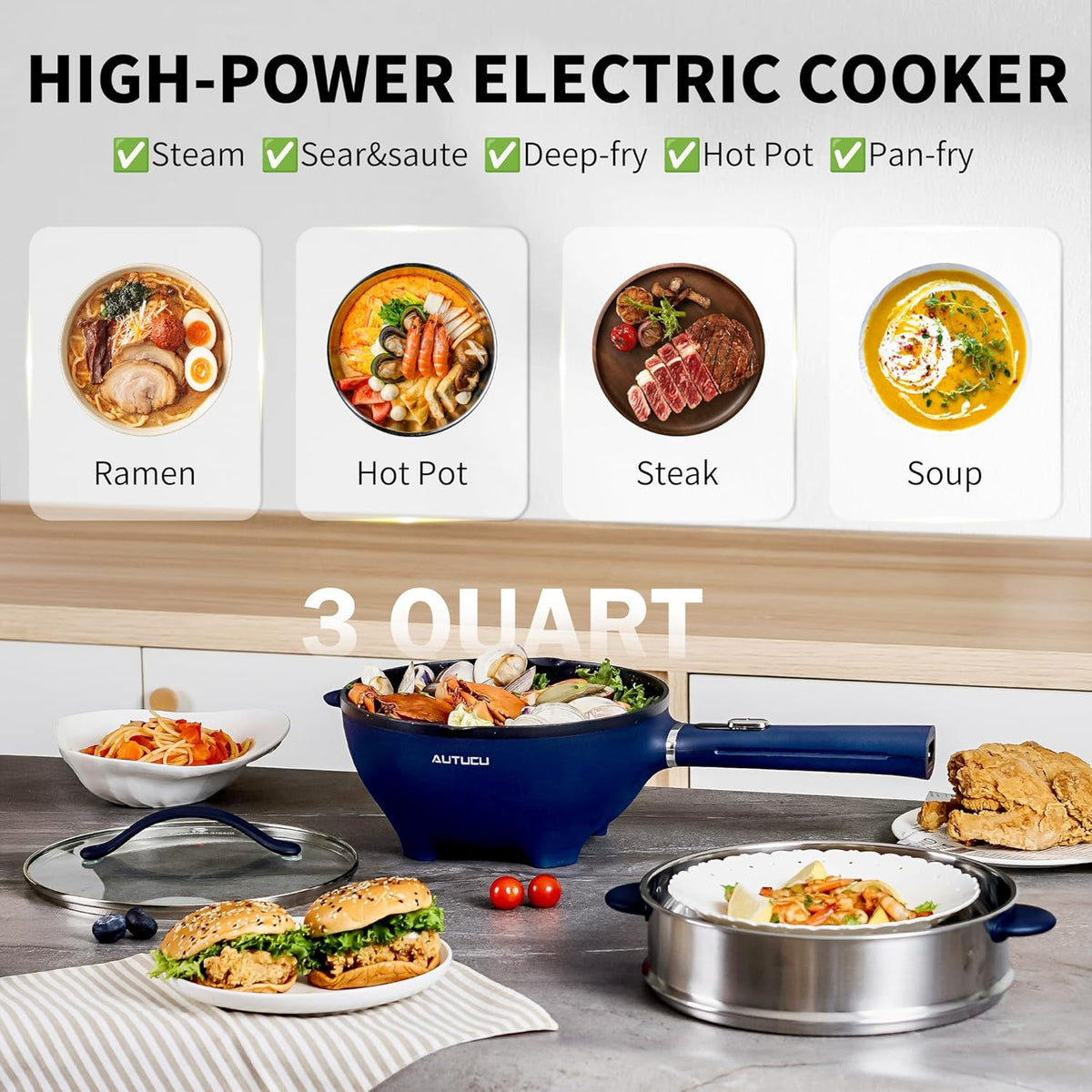 3-Quart Electric Hot Pot & wok Nonstick with Steamer | Electric Skillet 1200W for Dorm, Home, Gifts (Includes Silicone Spatula) Multi-Cooker